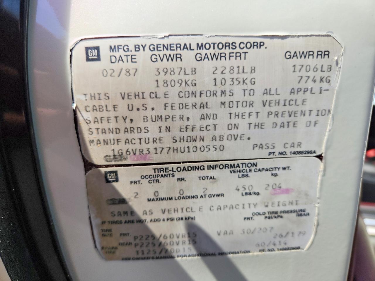 1987 Cadillac Allante White vin: 1G6VR3177HU100550