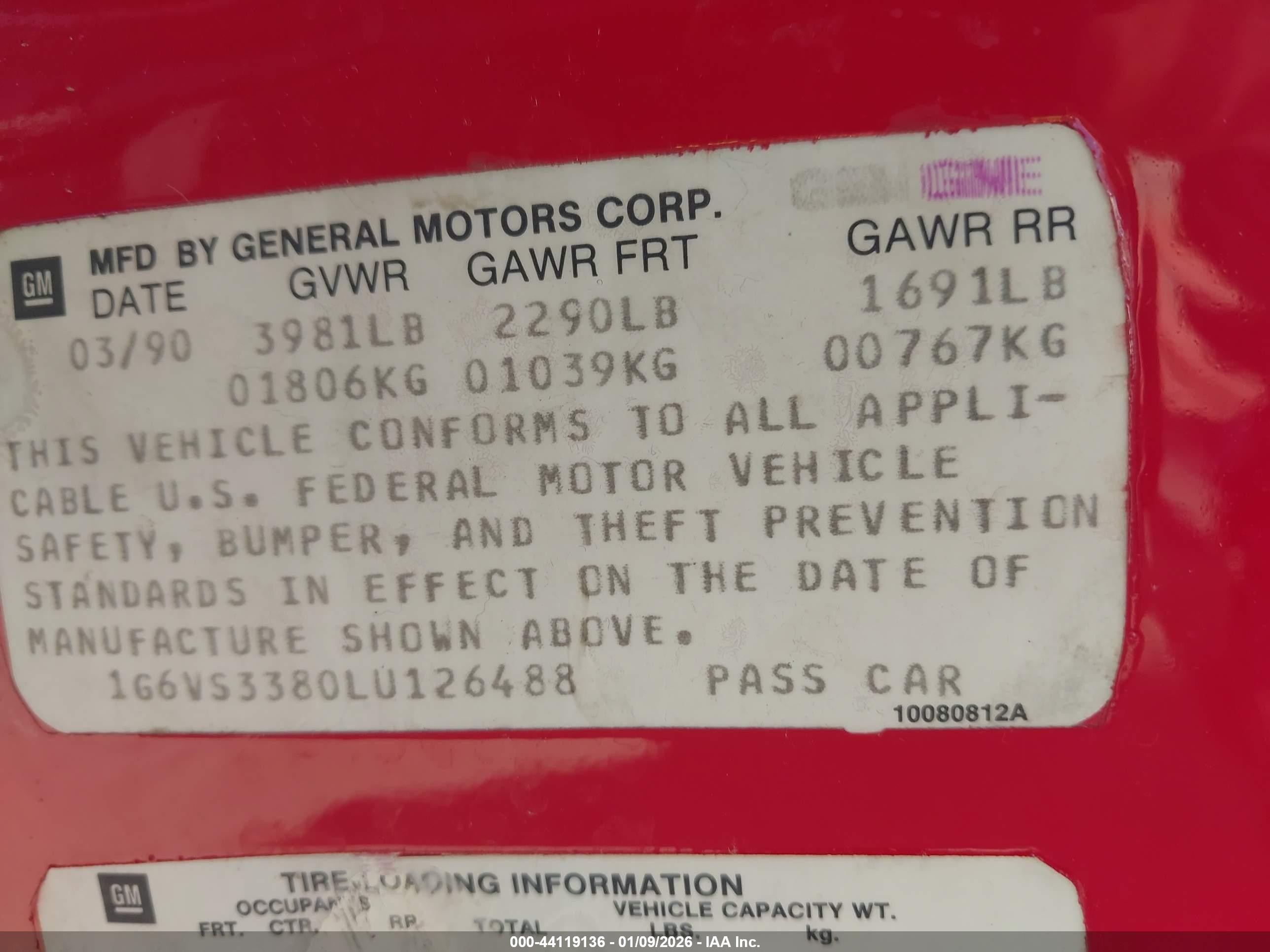 1990 Cadillac Allante   Red vin: 1G6VS3380LU126488