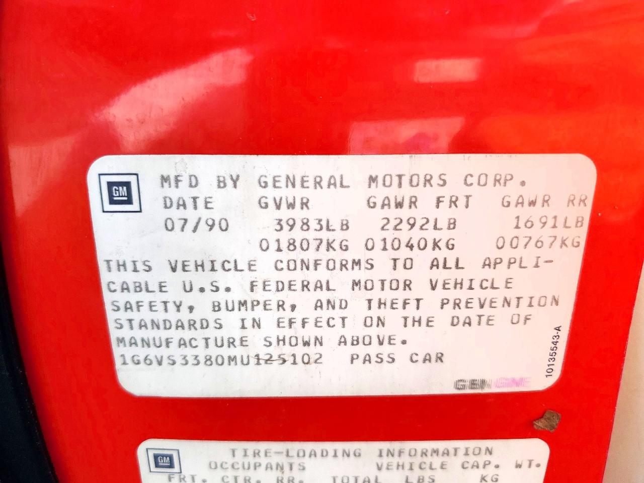 1991 Cadillac Allante Red vin: 1G6VS3380MU125102