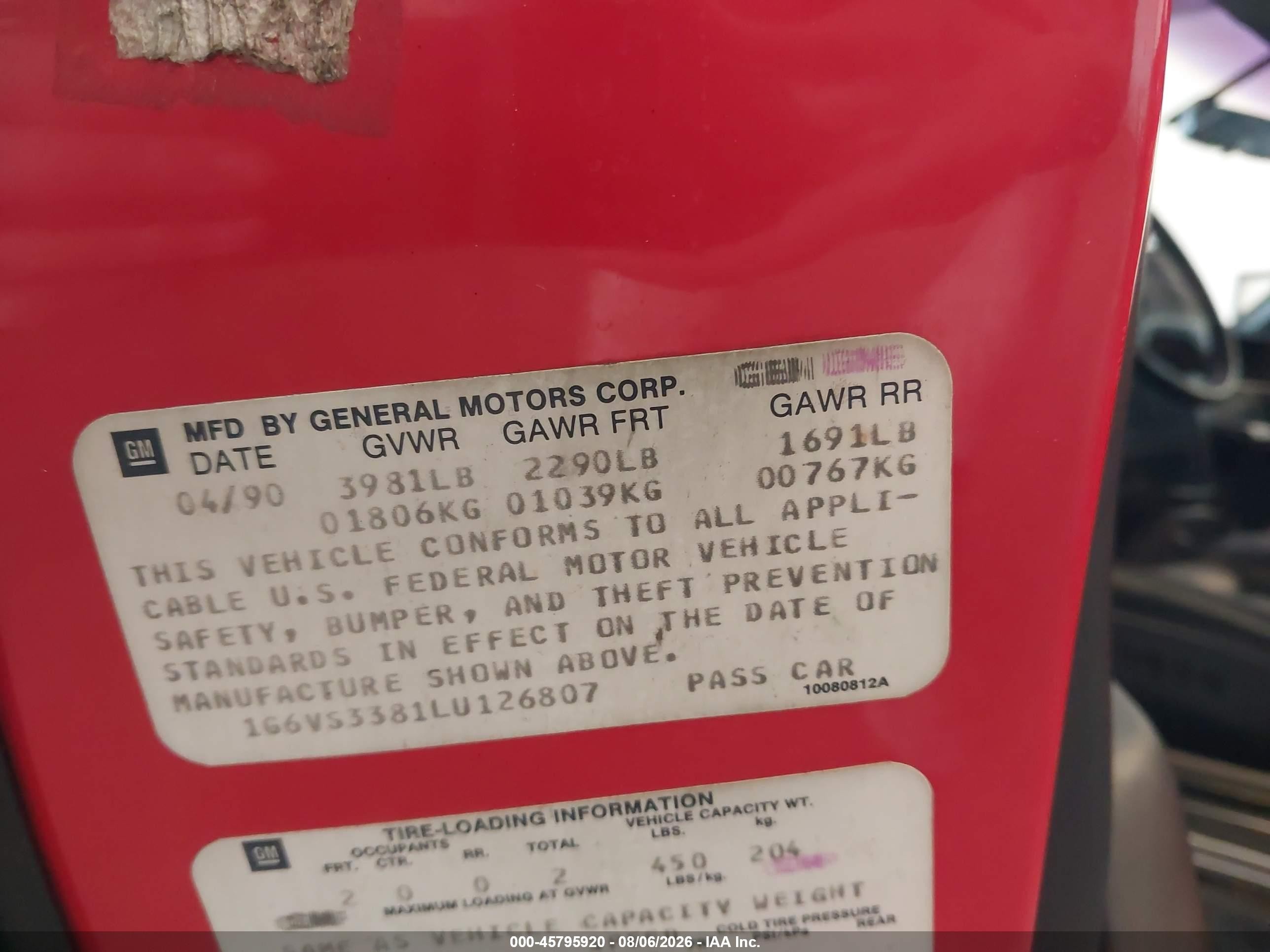 1990 Cadillac Allante   Red vin: 1G6VS3381LU126807