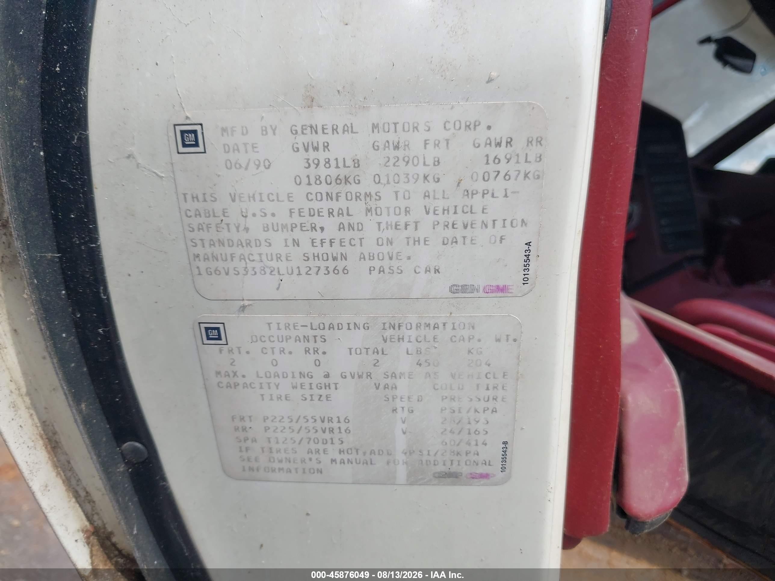 1990 Cadillac Allante   White vin: 1G6VS3382LU127366