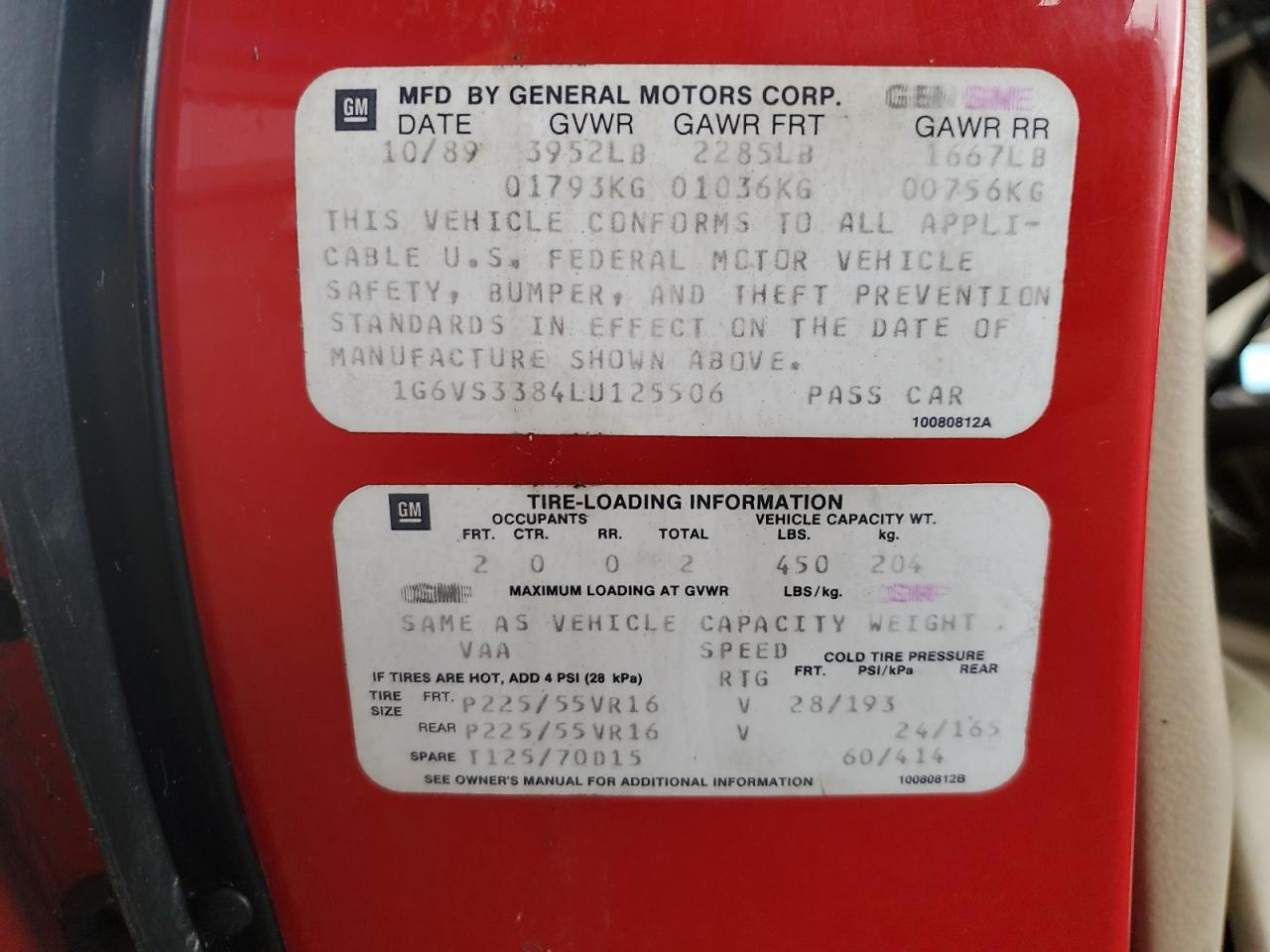 1990 Cadillac Allante Red vin: 1G6VS3384LU125506