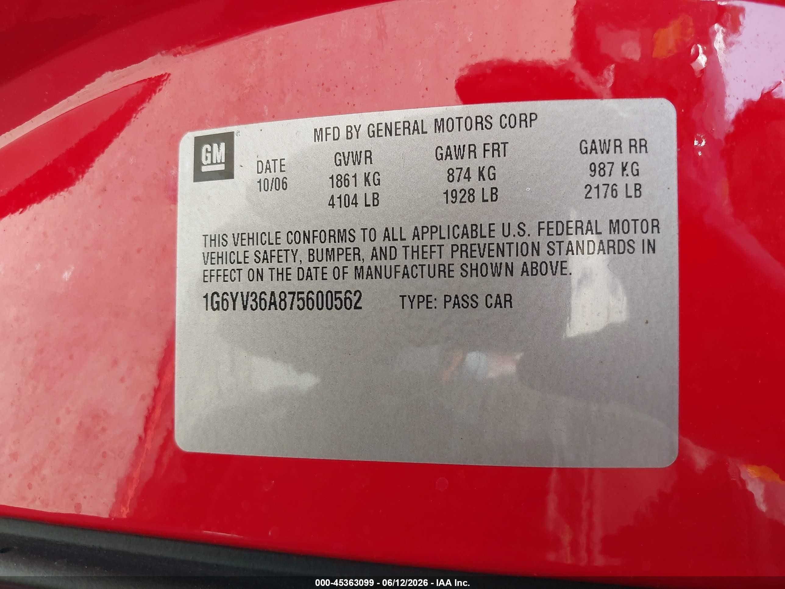 2007 Cadillac Xlr Standard Red vin: 1G6YV36A875600562