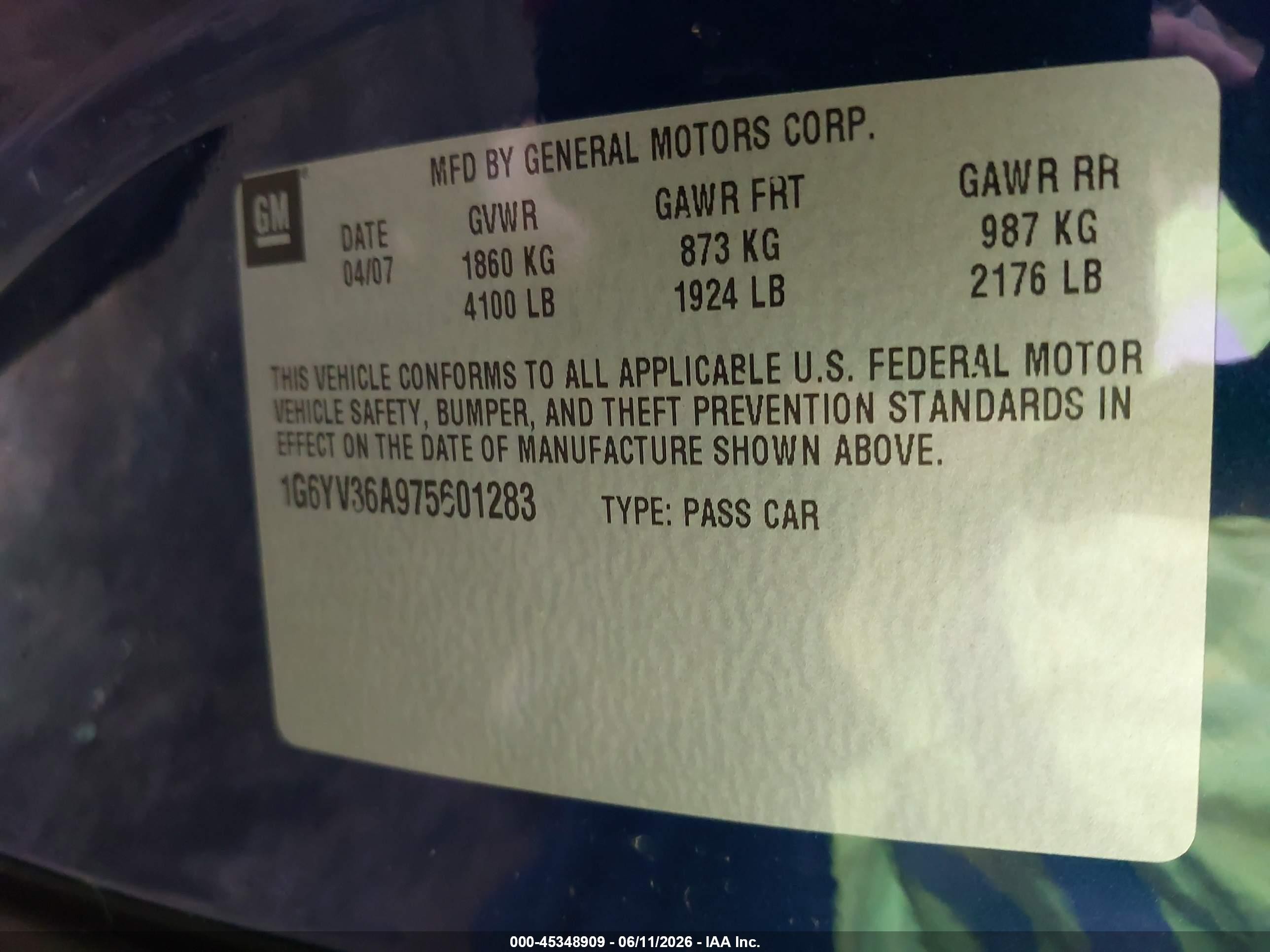 2007 Cadillac Xlr Standard Blue vin: 1G6YV36A975601283