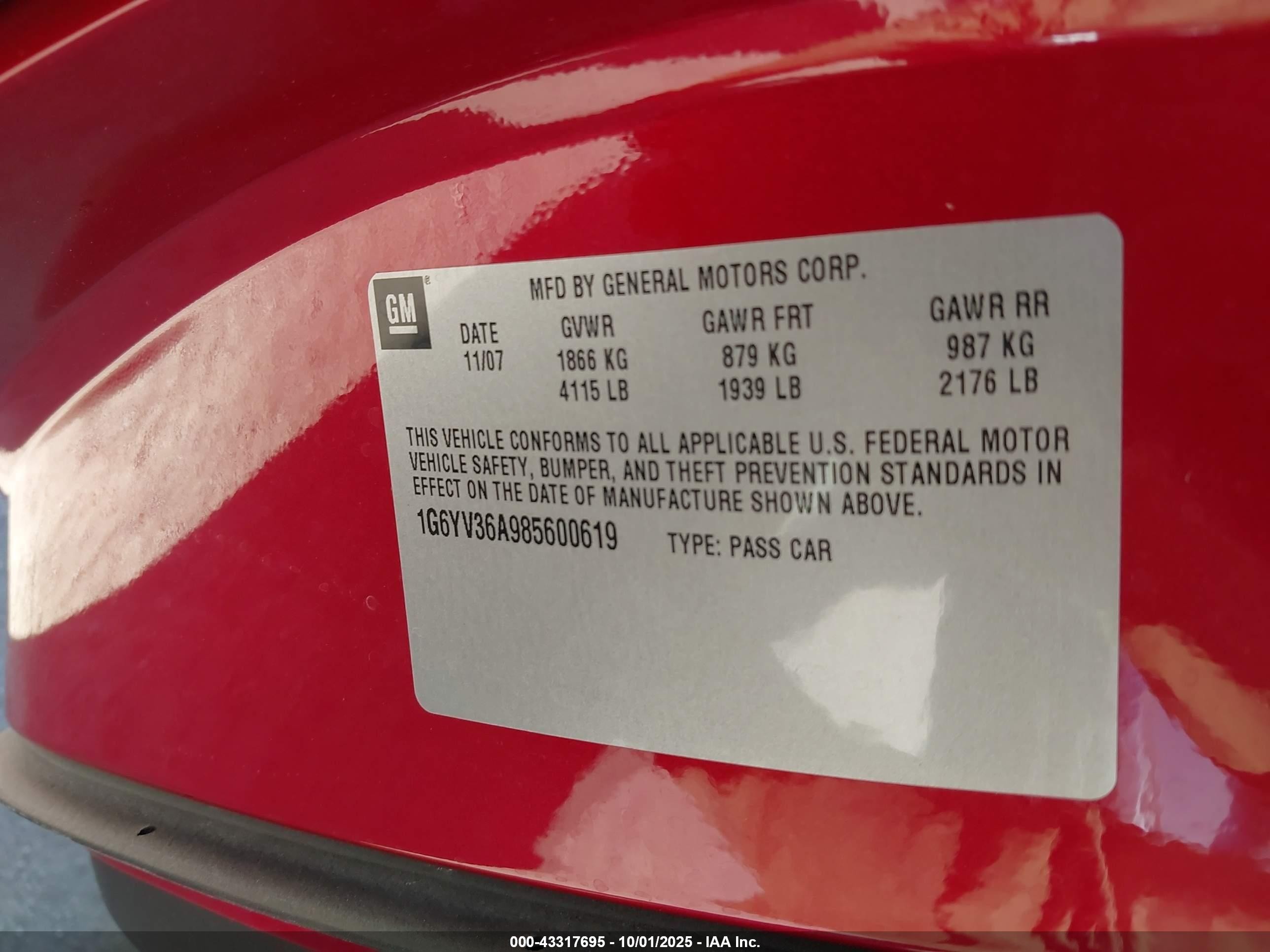2008 Cadillac Xlr Standard Red vin: 1G6YV36A985600619