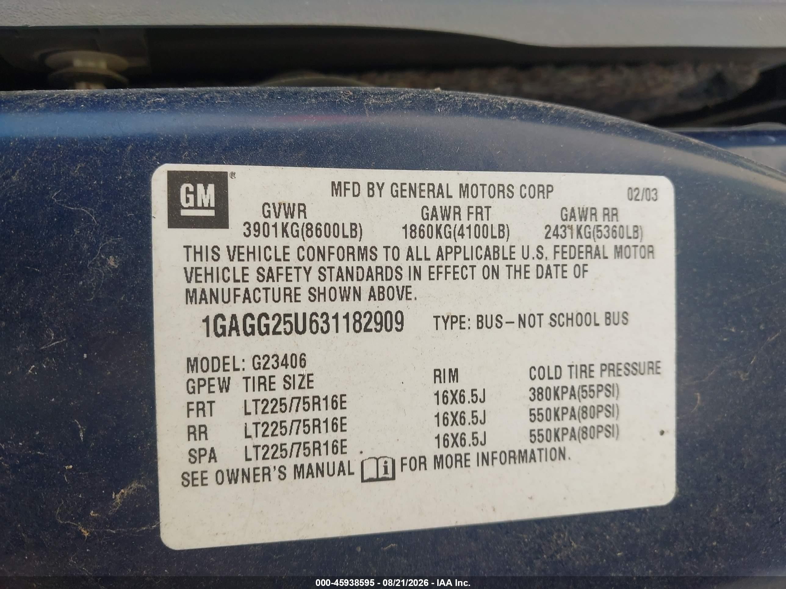 2003 Chevrolet Express Passenger   Blue vin: 1GAGG25U631182909