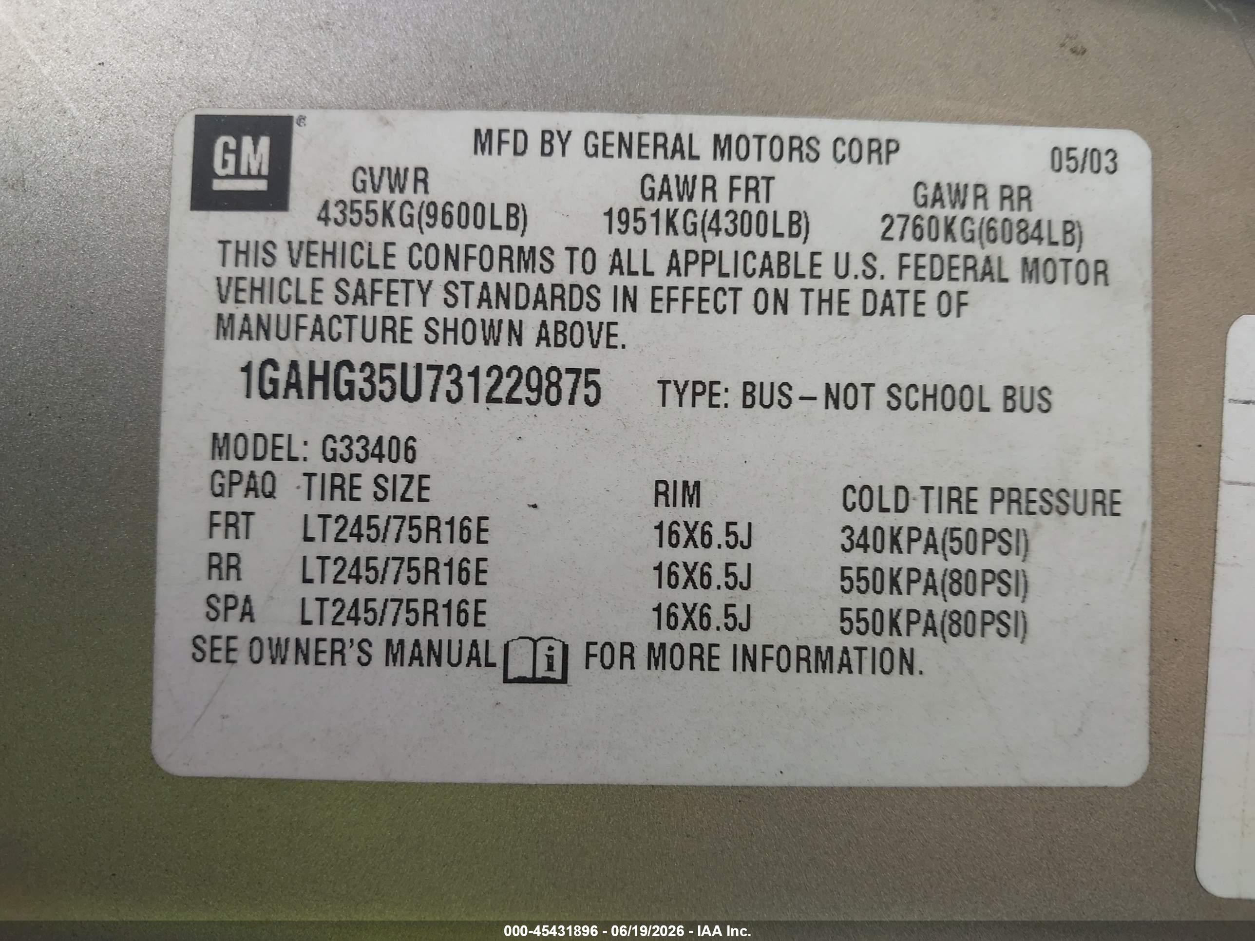 2003 Chevrolet Express   Gold vin: 1GAHG35U731229875