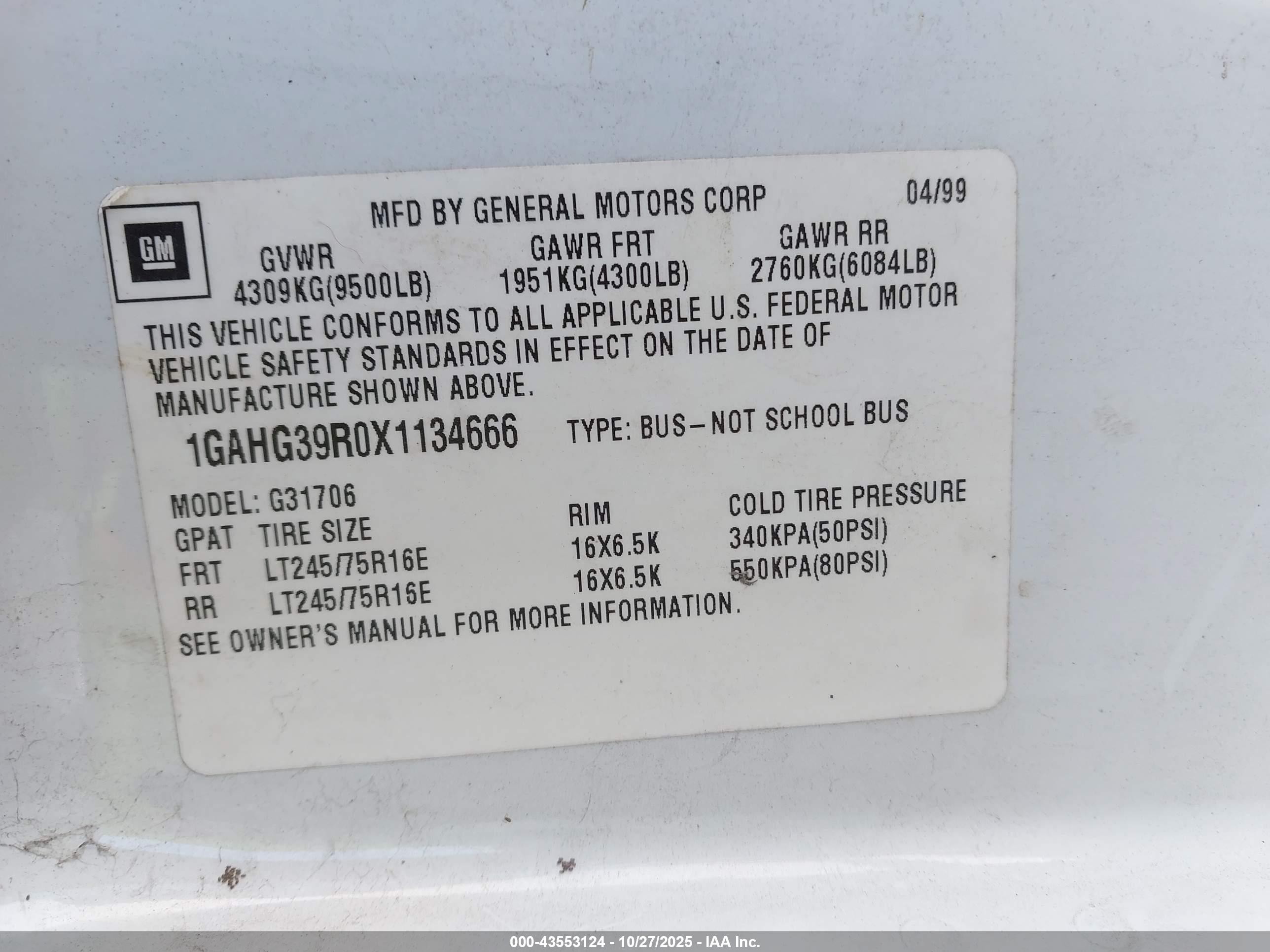 1999 Chevrolet Express   White vin: 1GAHG39R0X1134666