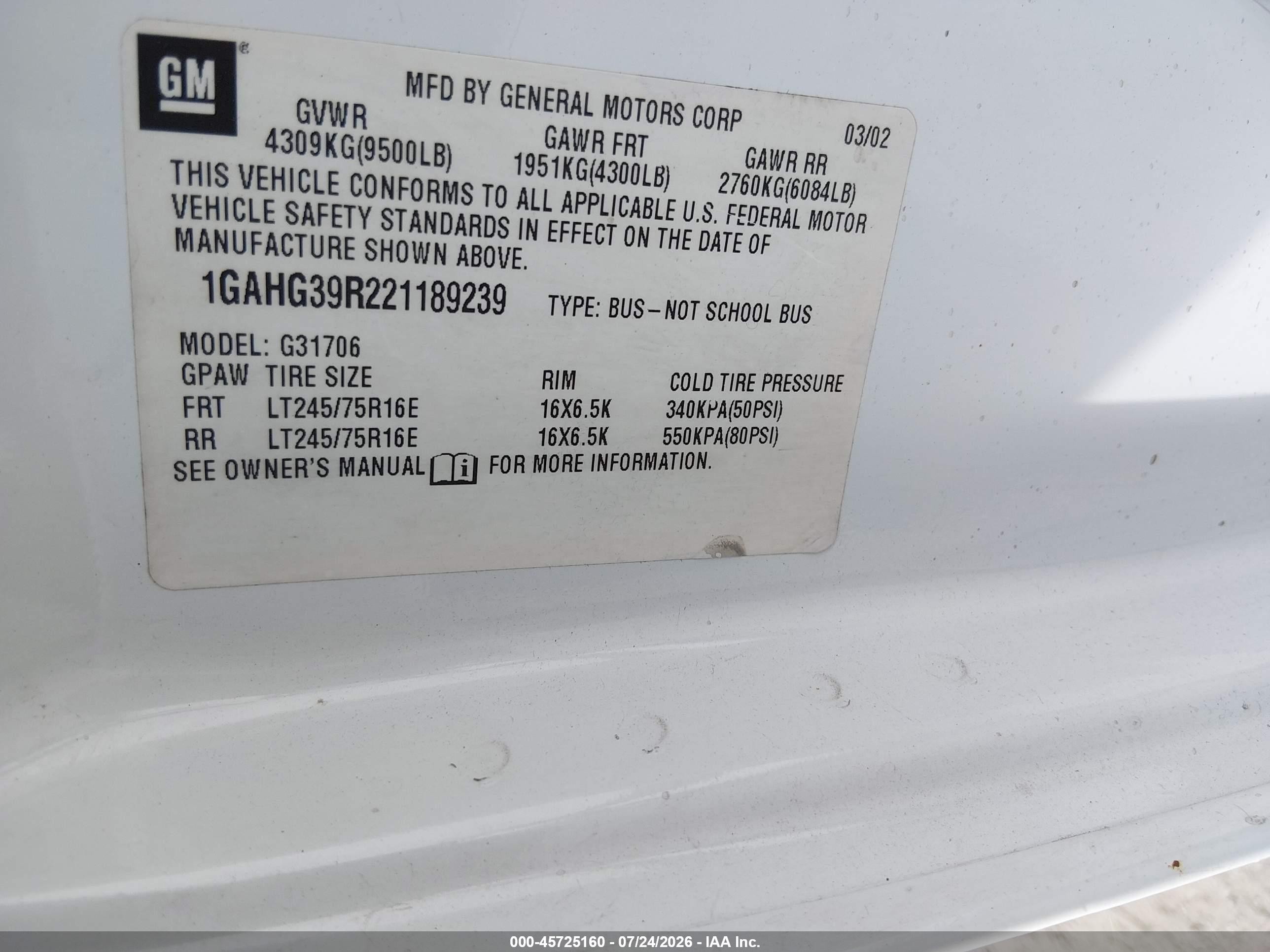 2002 Chevrolet Express Van   White vin: 1GAHG39R221189239
