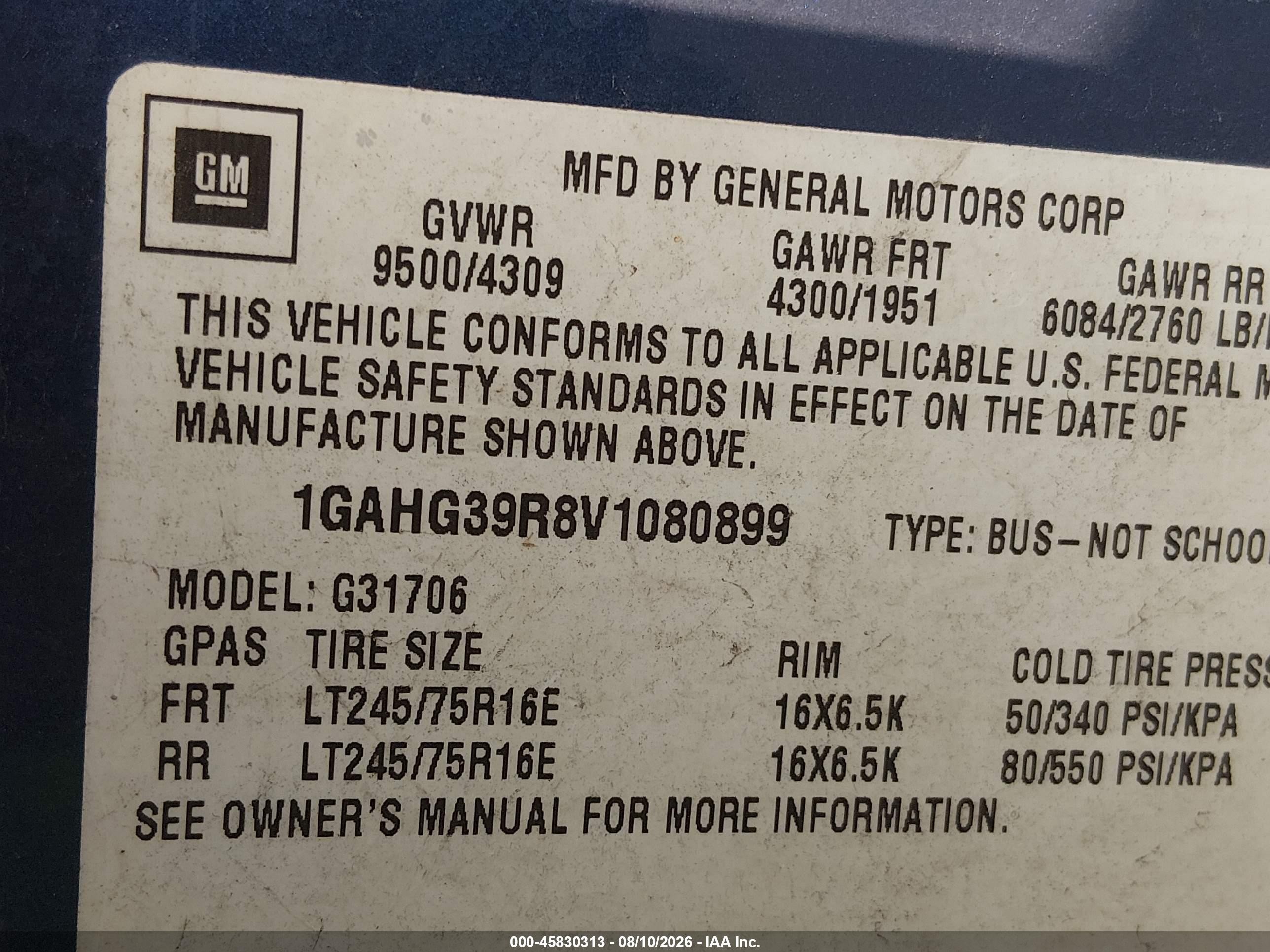 1997 Chevrolet Express Van G3500 Blue vin: 1GAHG39R8V1080899
