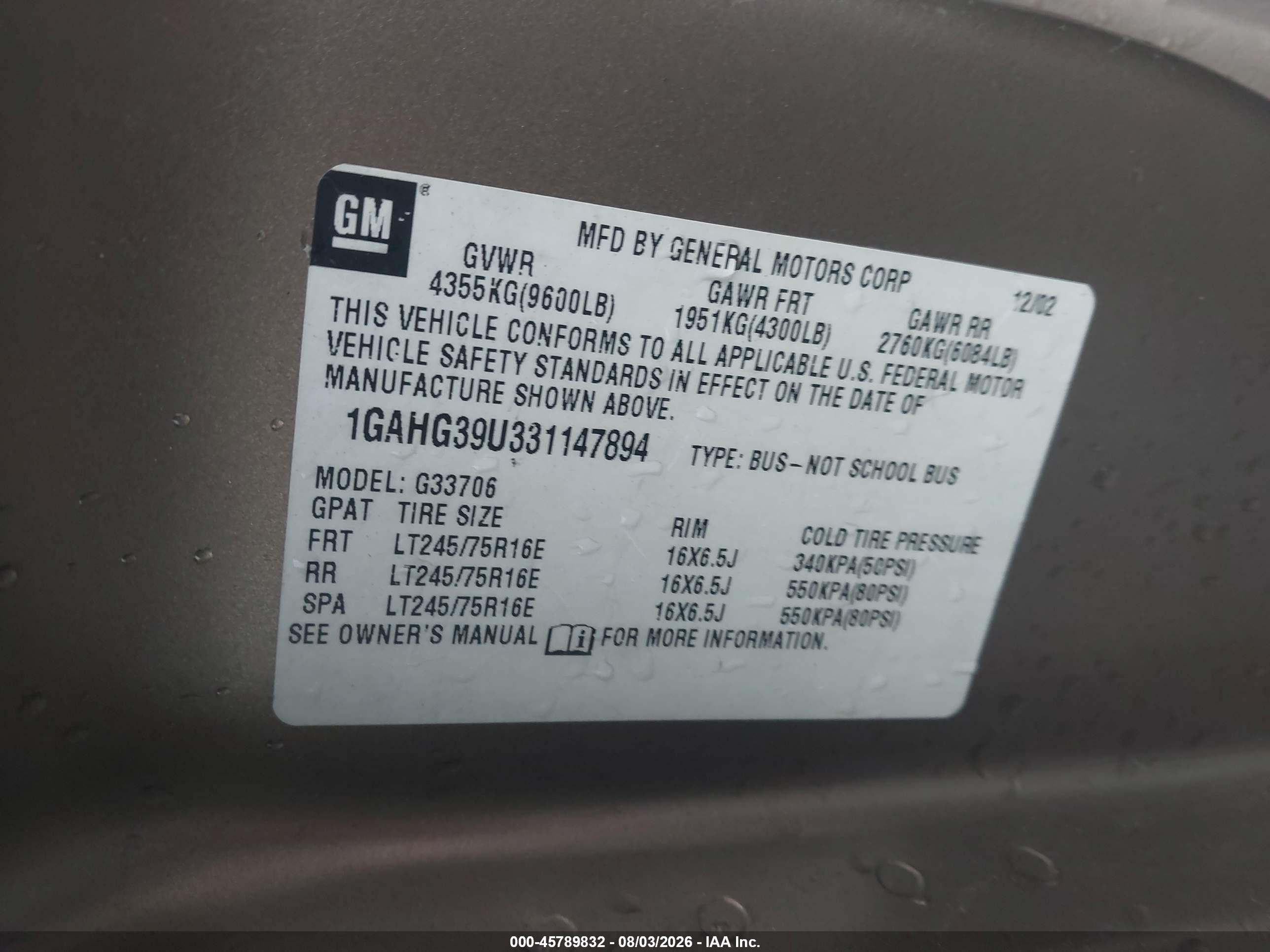 2003 Chevrolet Express Passenger   Tan vin: 1GAHG39U331147894
