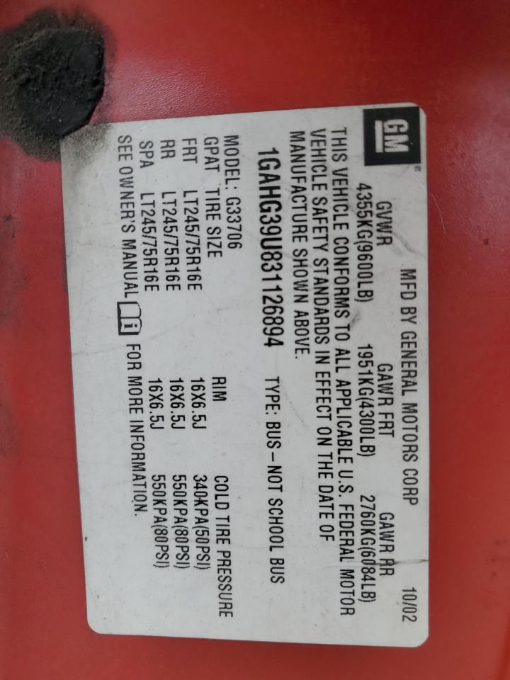 2003 Chevrolet Express G3500 Red vin: 1GAHG39U831126894