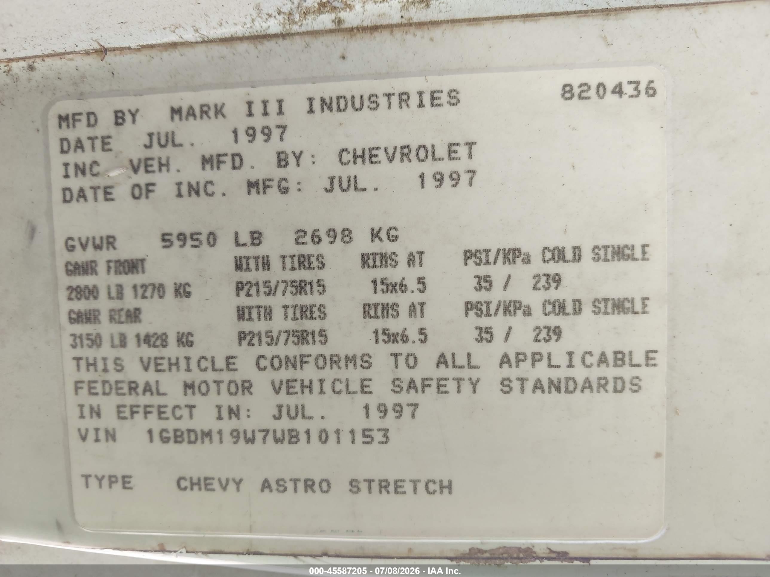 1998 Chevrolet Astro Upfitter Pkg. White vin: 1GBDM19W7WB101153