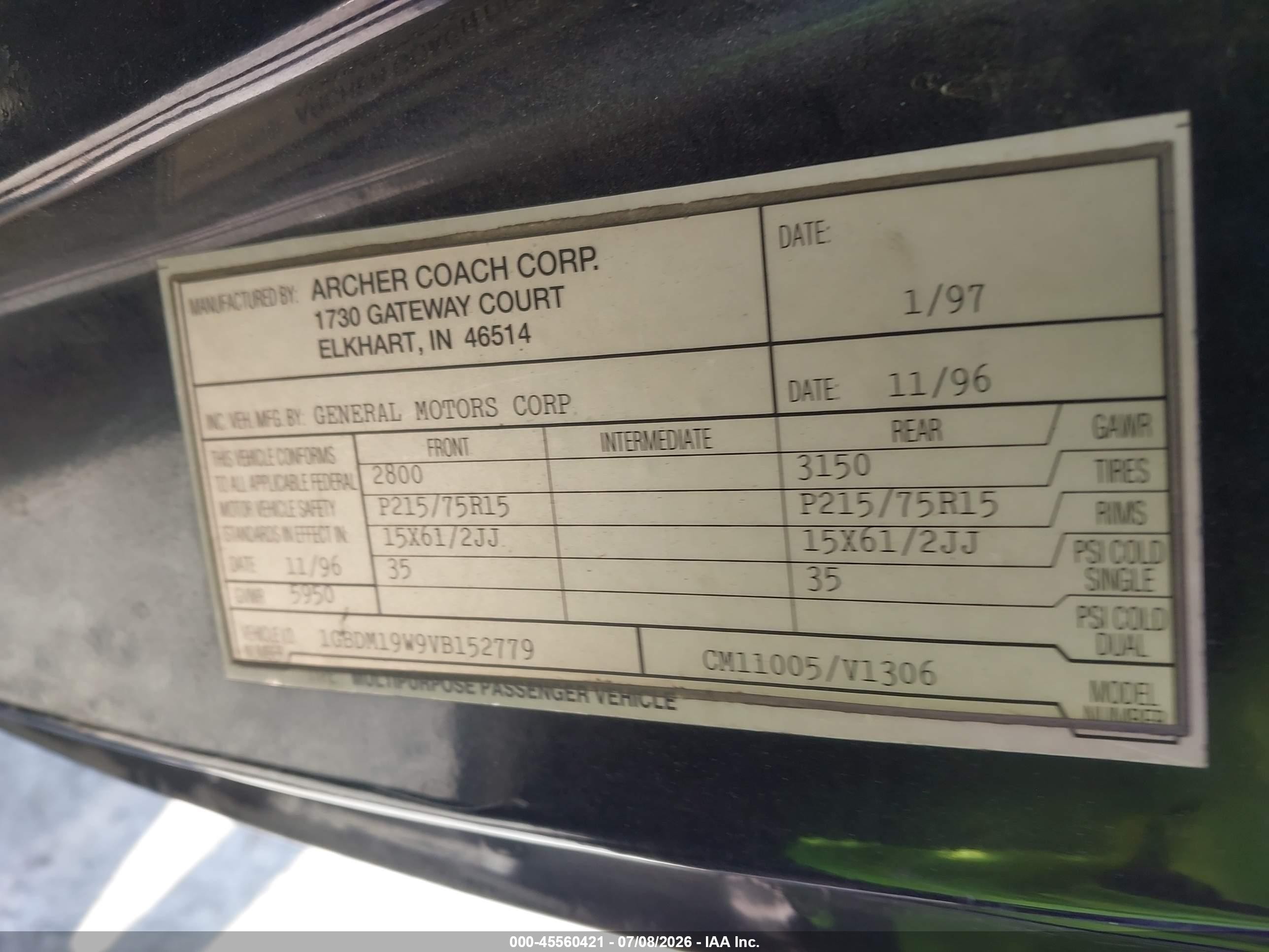 1997 Chevrolet Astro Yf7 Black vin: 1GBDM19W9VB152779