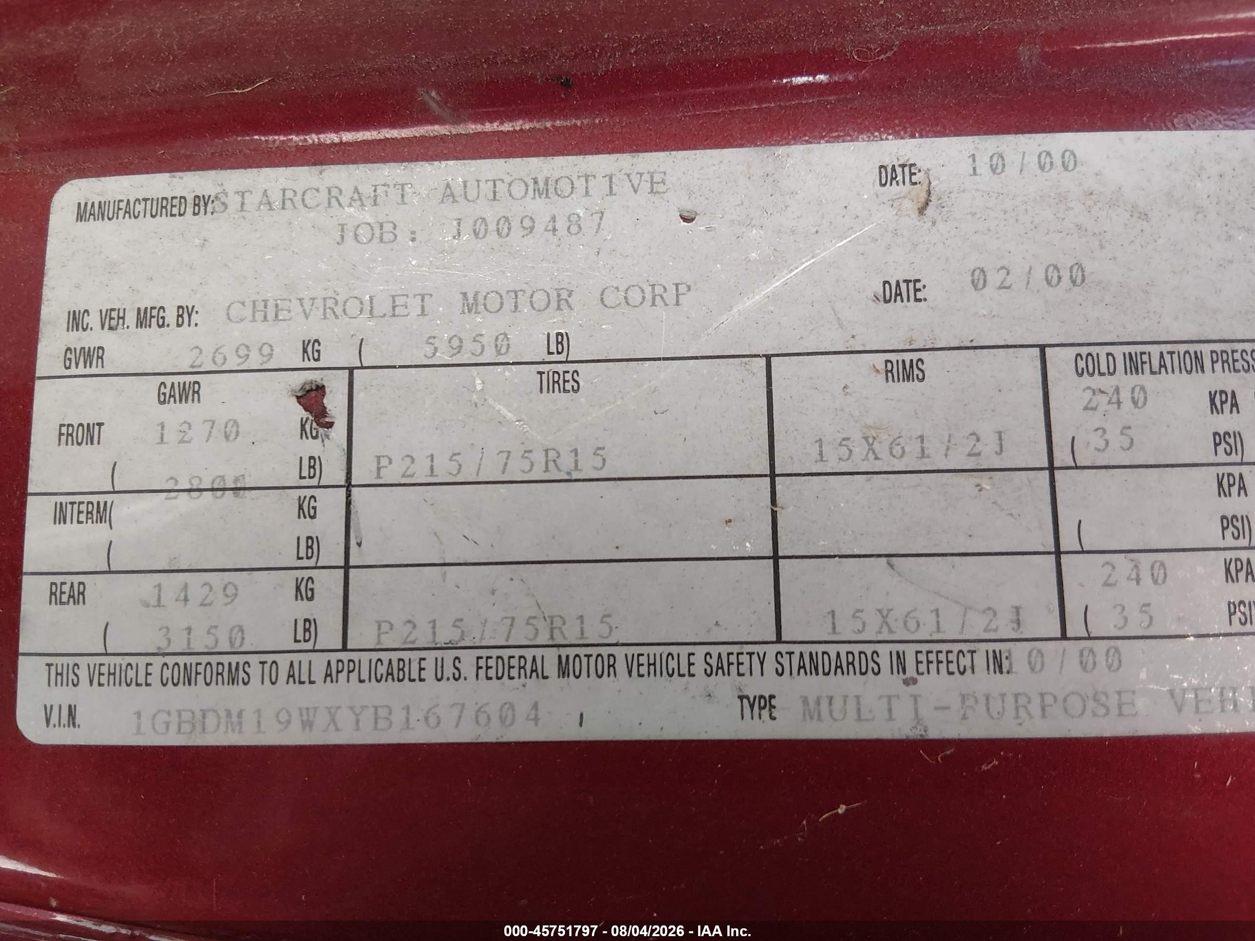 2000 Chevrolet Astro Upfitter Pkg. Red vin: 1GBDM19WXYB167604