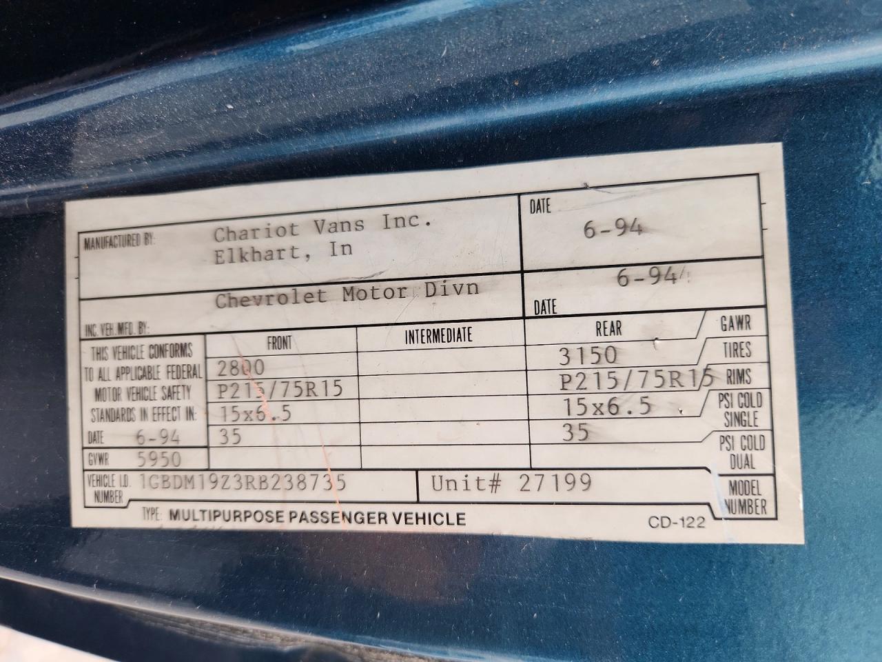 1994 Chevrolet Astro Blue vin: 1GBDM19Z3RB238735