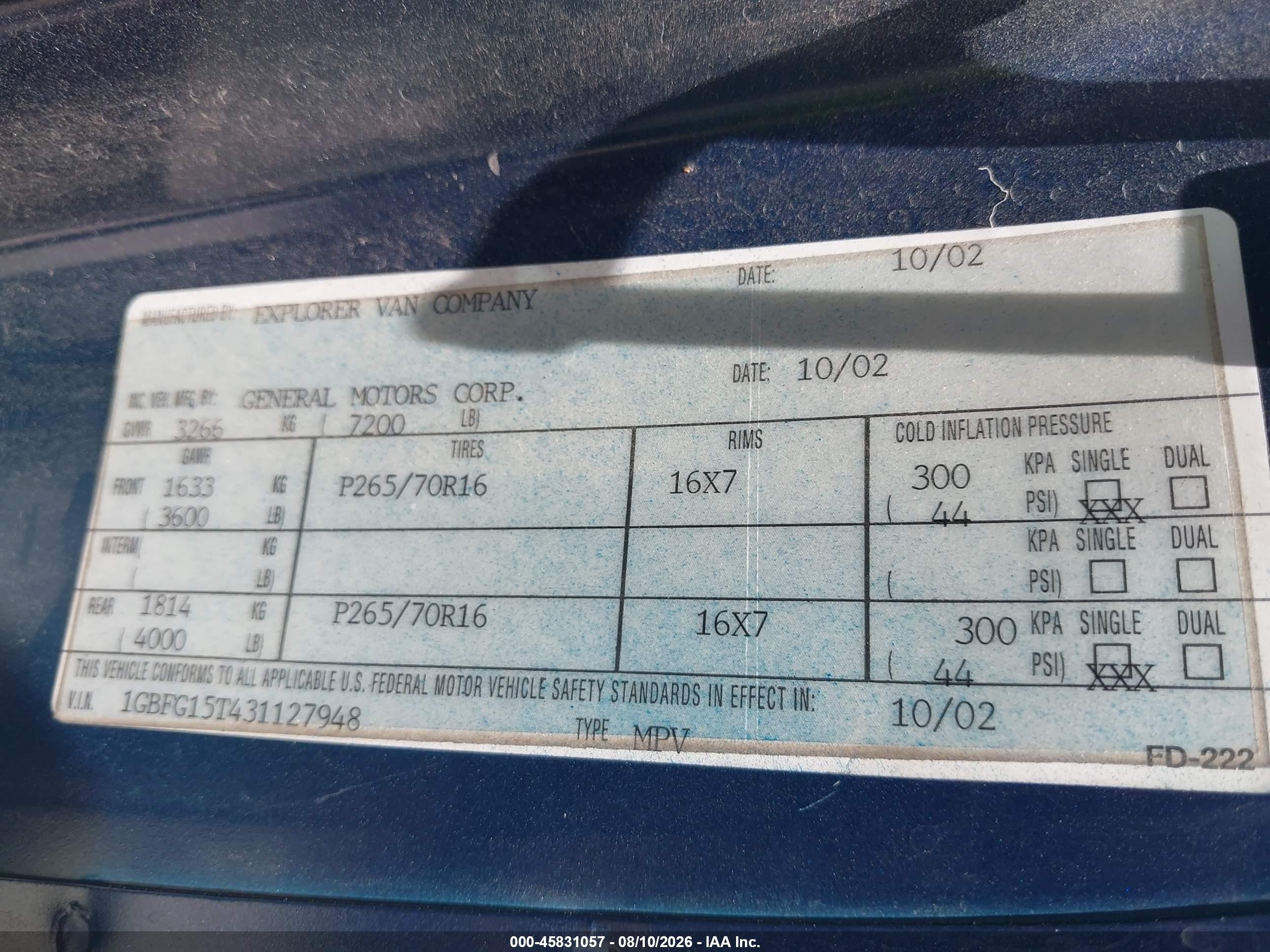 2003 Chevrolet Express Yf7 Upfitter Blue vin: 1GBFG15T431127948
