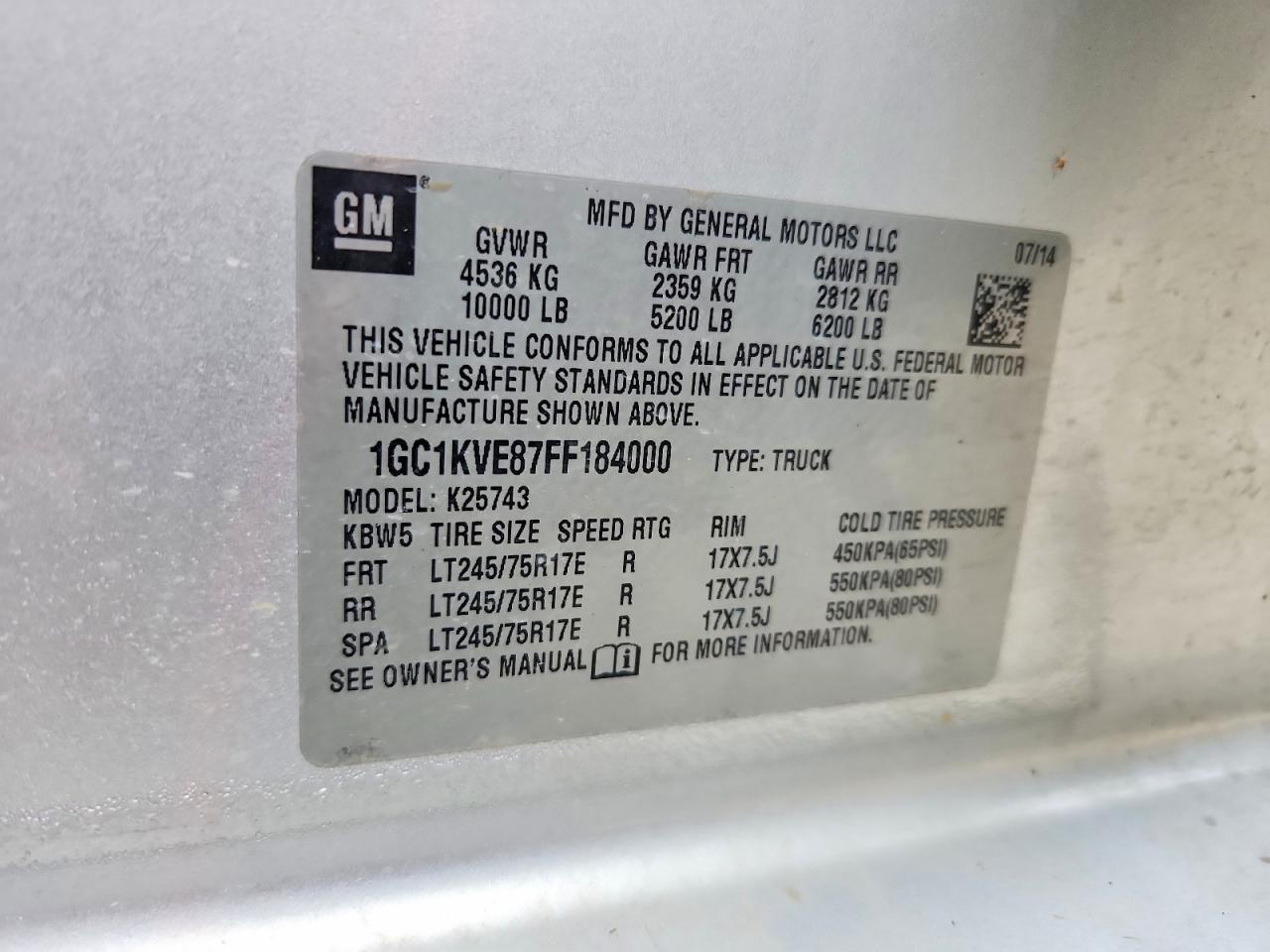 2015 Chevrolet 2500 Серебряный vin: 1GC1KVE87FF184000