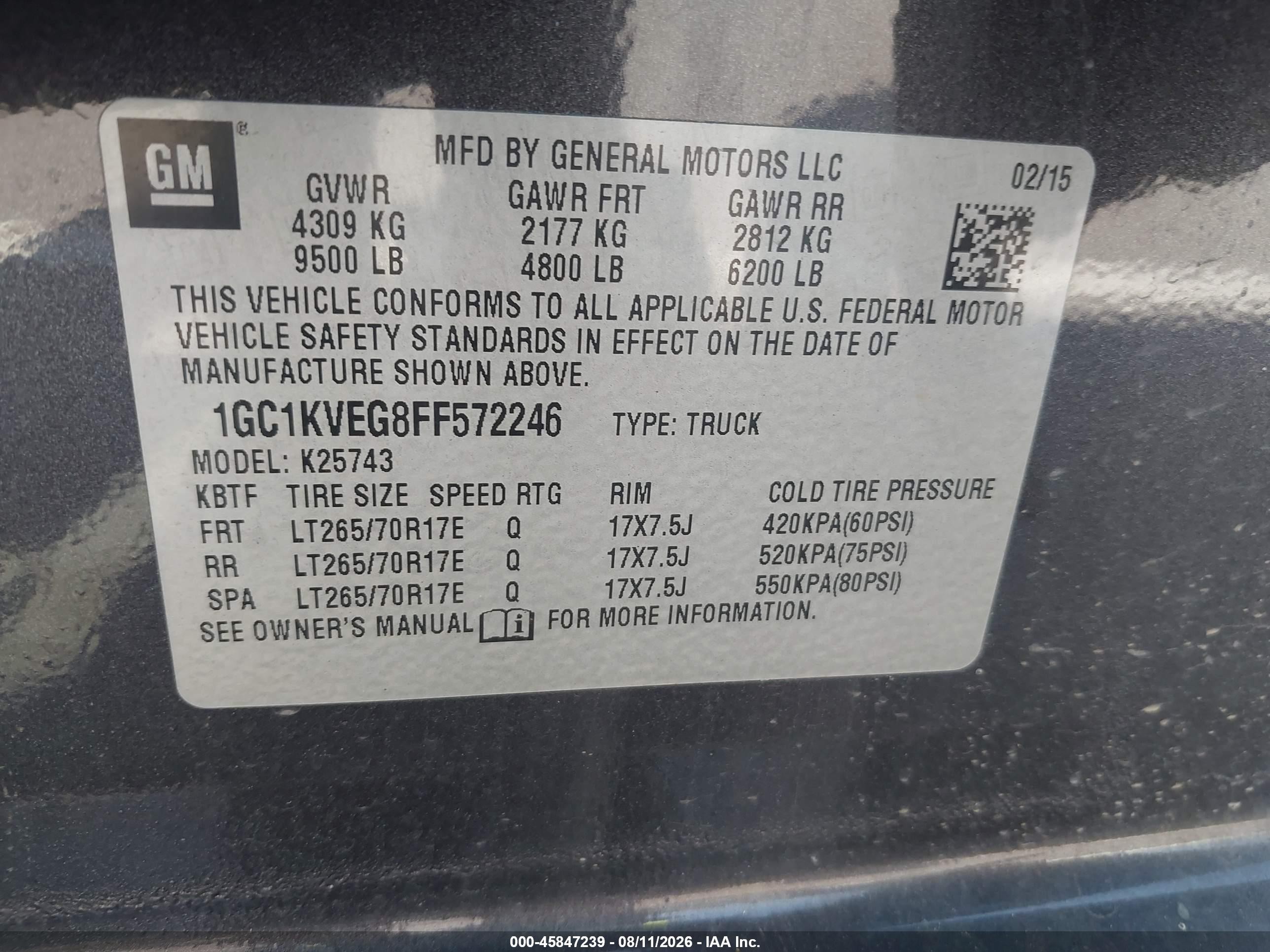 2015 Chevrolet Silverado 2500hd Built After Aug 14 Lt Gray vin: 1GC1KVEG8FF572246