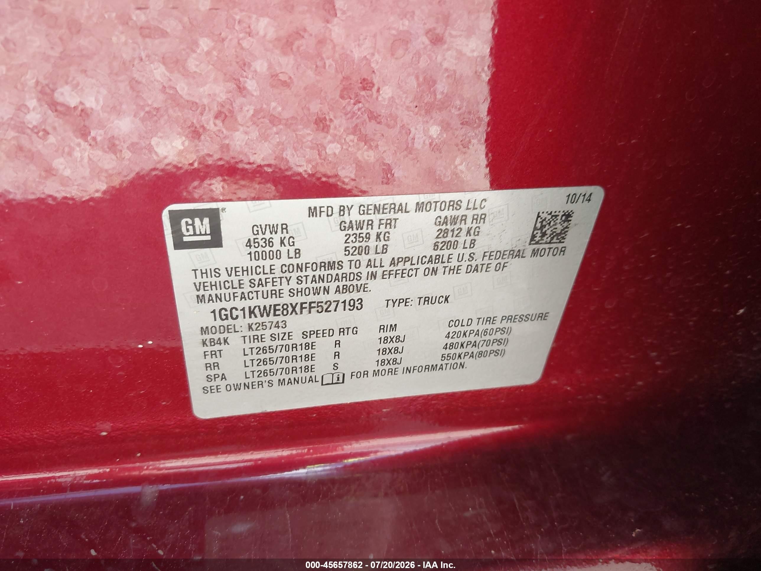 2015 Chevrolet Silverado 2500hd Built After Aug 14 Ltz Maroon vin: 1GC1KWE8XFF527193