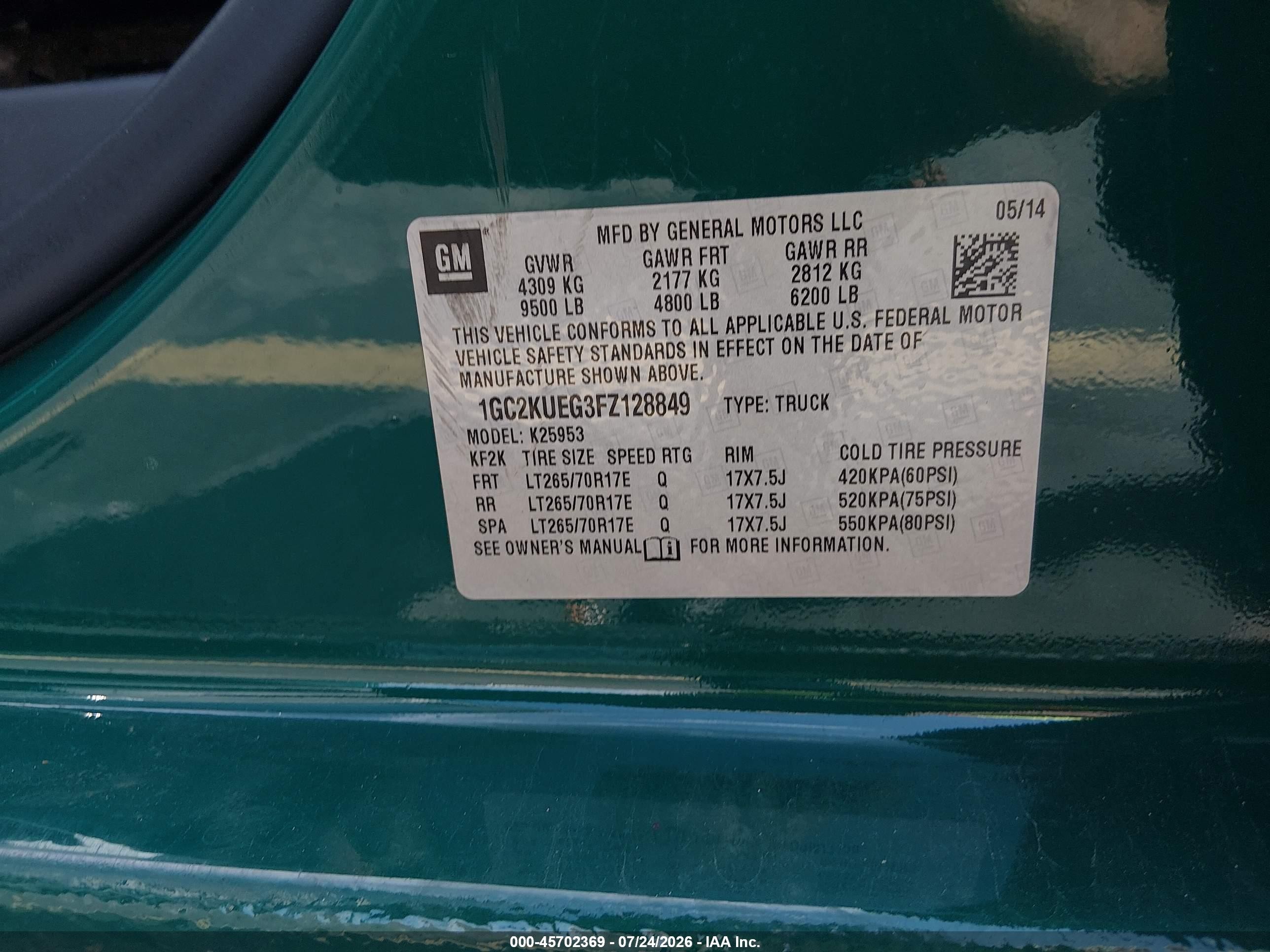 2015 Chevrolet Silverado 2500hd Work Truck Зеленый vin: 1GC2KUEG3FZ128849