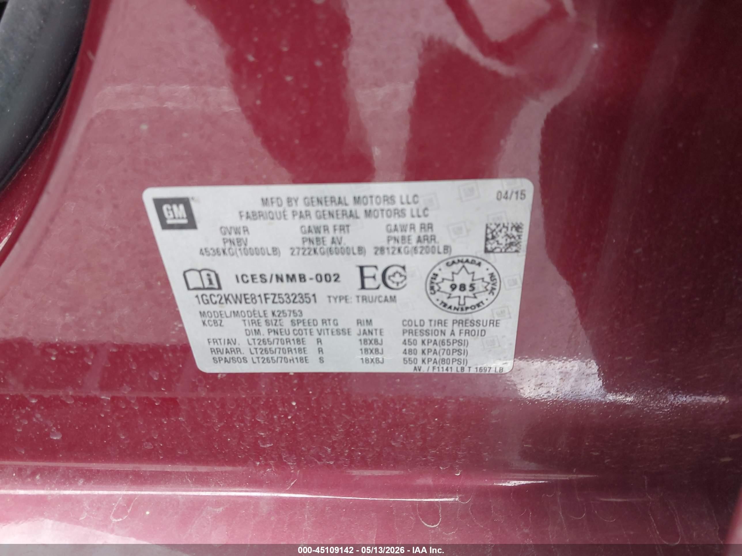 2015 Chevrolet Silverado 2500hd Ltz Бордовый vin: 1GC2KWE81FZ532351