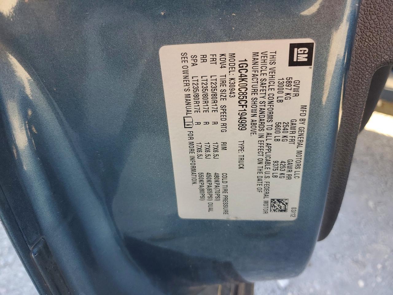 2012 Chevrolet Silverado K3500 Lt Blue vin: 1GC4K0C85CF194989