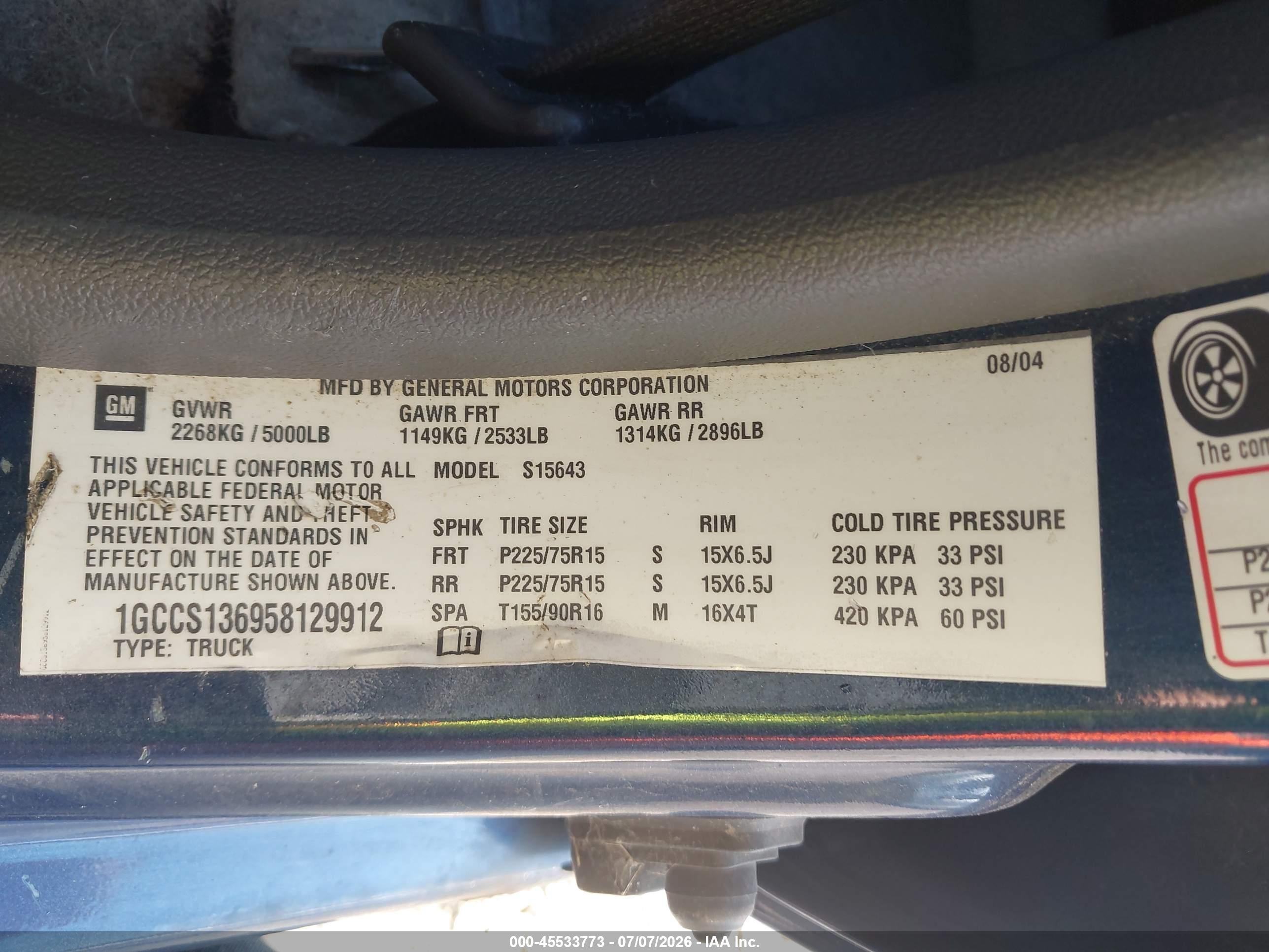 2005 Chevrolet Colorado Ls Blue vin: 1GCCS136958129912