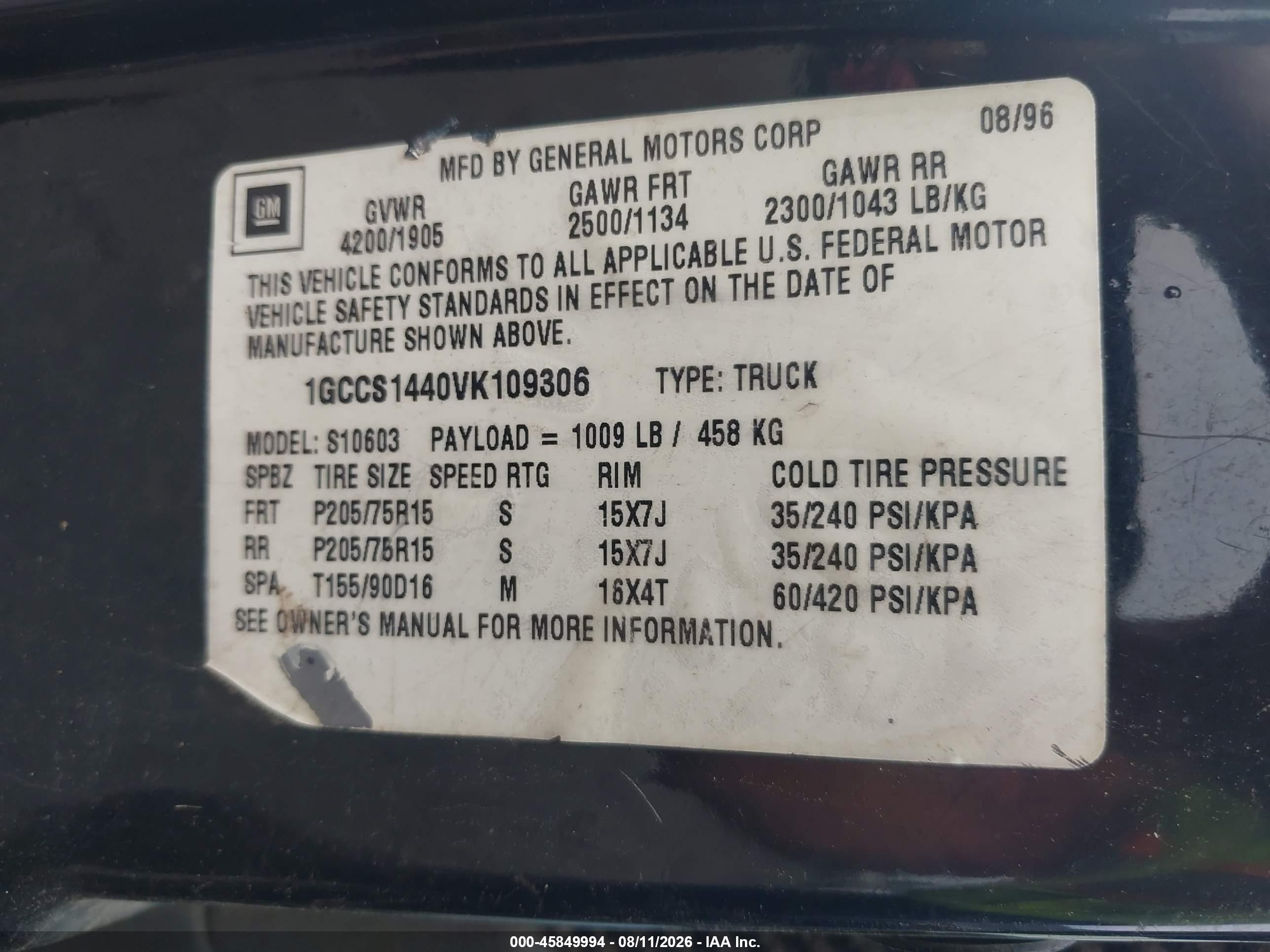 1997 Chevrolet S-10 Ls Black vin: 1GCCS1440VK109306