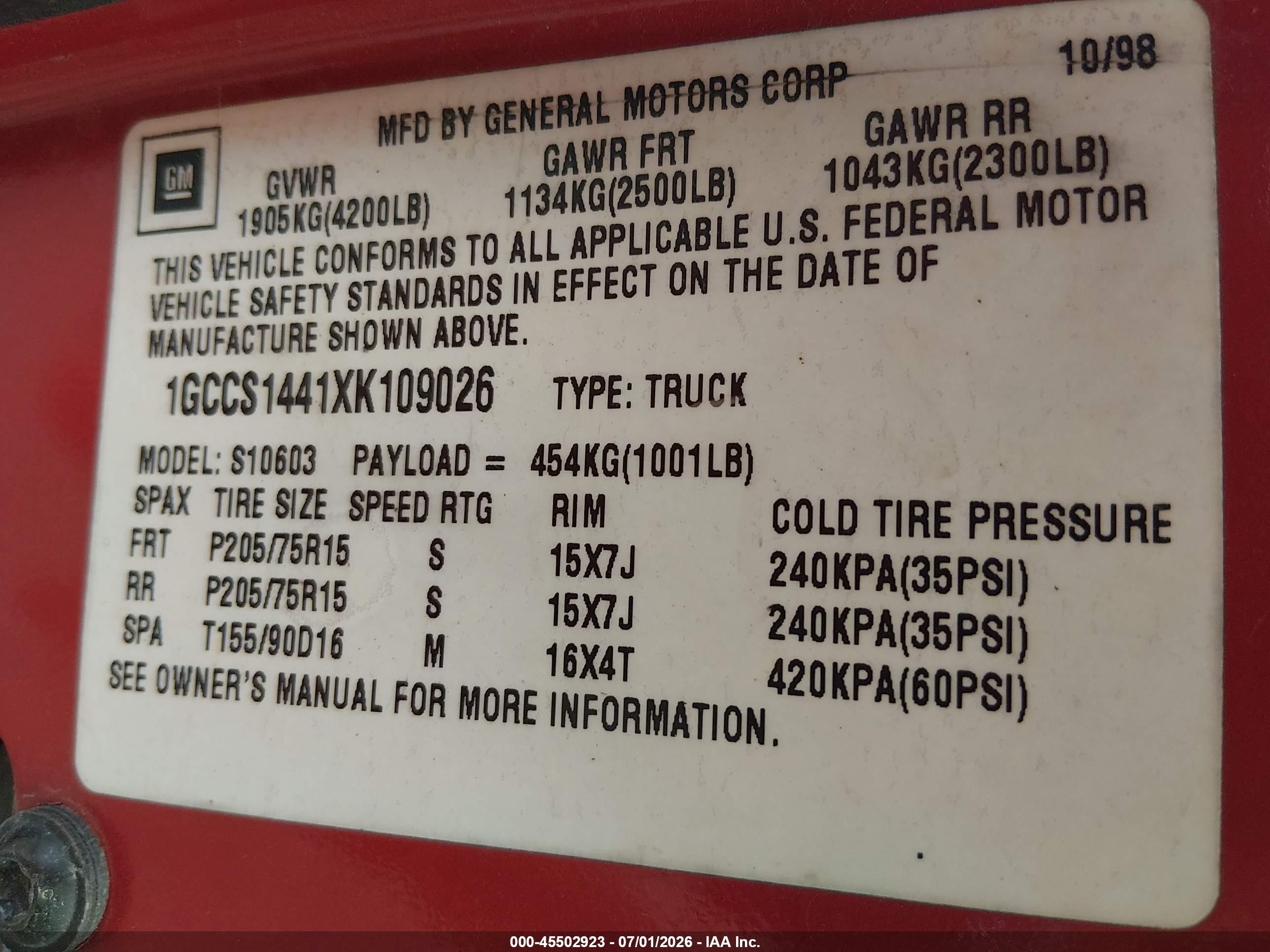 1999 Chevrolet S-10 Ls Red vin: 1GCCS1441XK109026