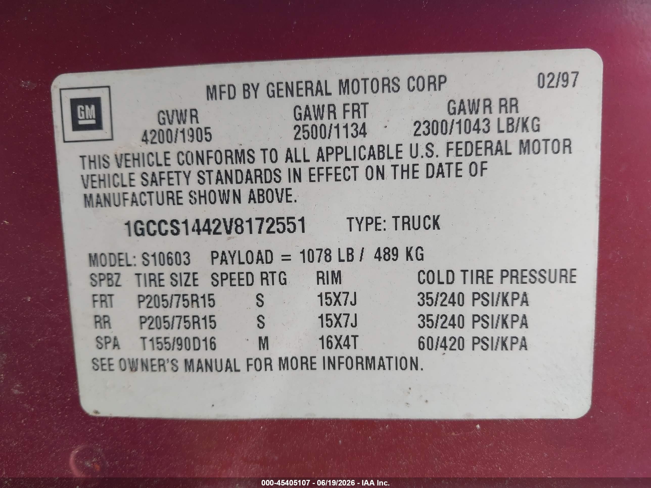 1997 Chevrolet S-10 Fleetside Red vin: 1GCCS1442V8172551