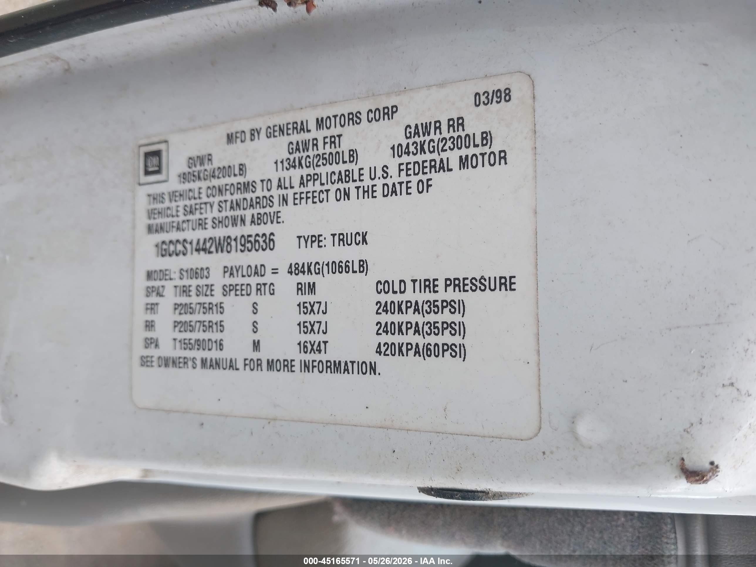 1998 Chevrolet S-10 Ls Fleetside White vin: 1GCCS1442W8195636
