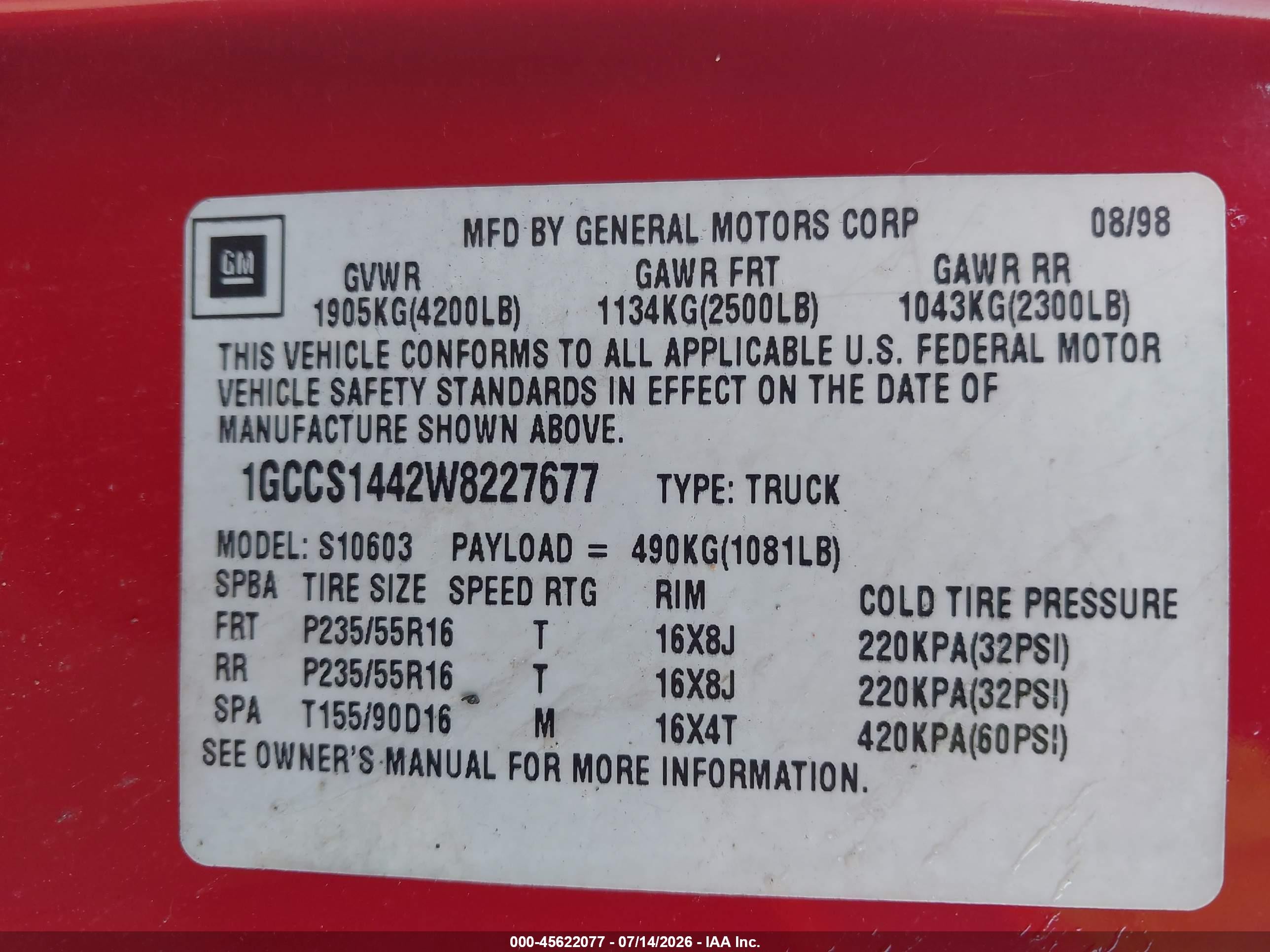 1998 Chevrolet S-10 Fleetside Red vin: 1GCCS1442W8227677