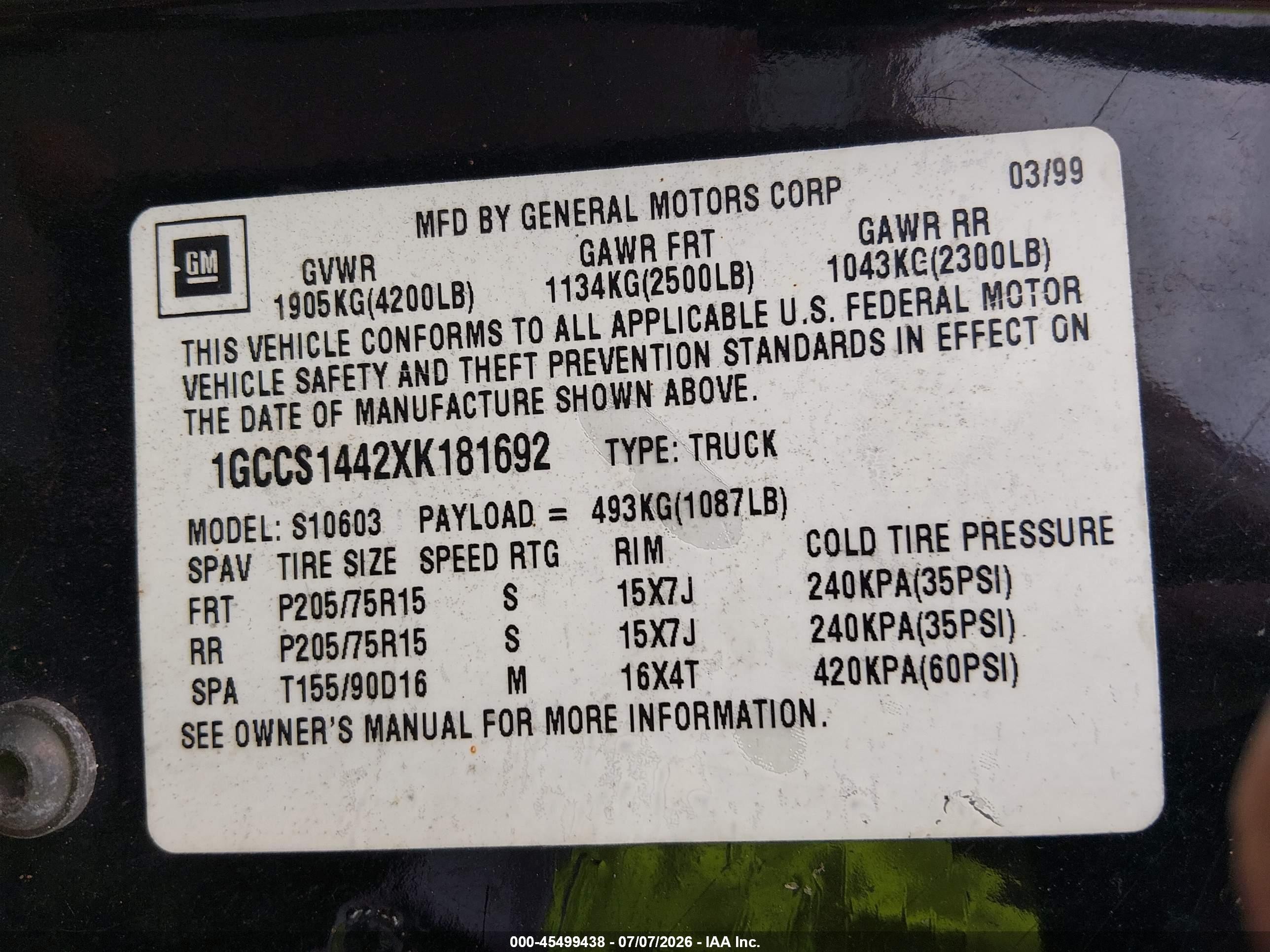 1999 Chevrolet S-10   Черный vin: 1GCCS1442XK181692
