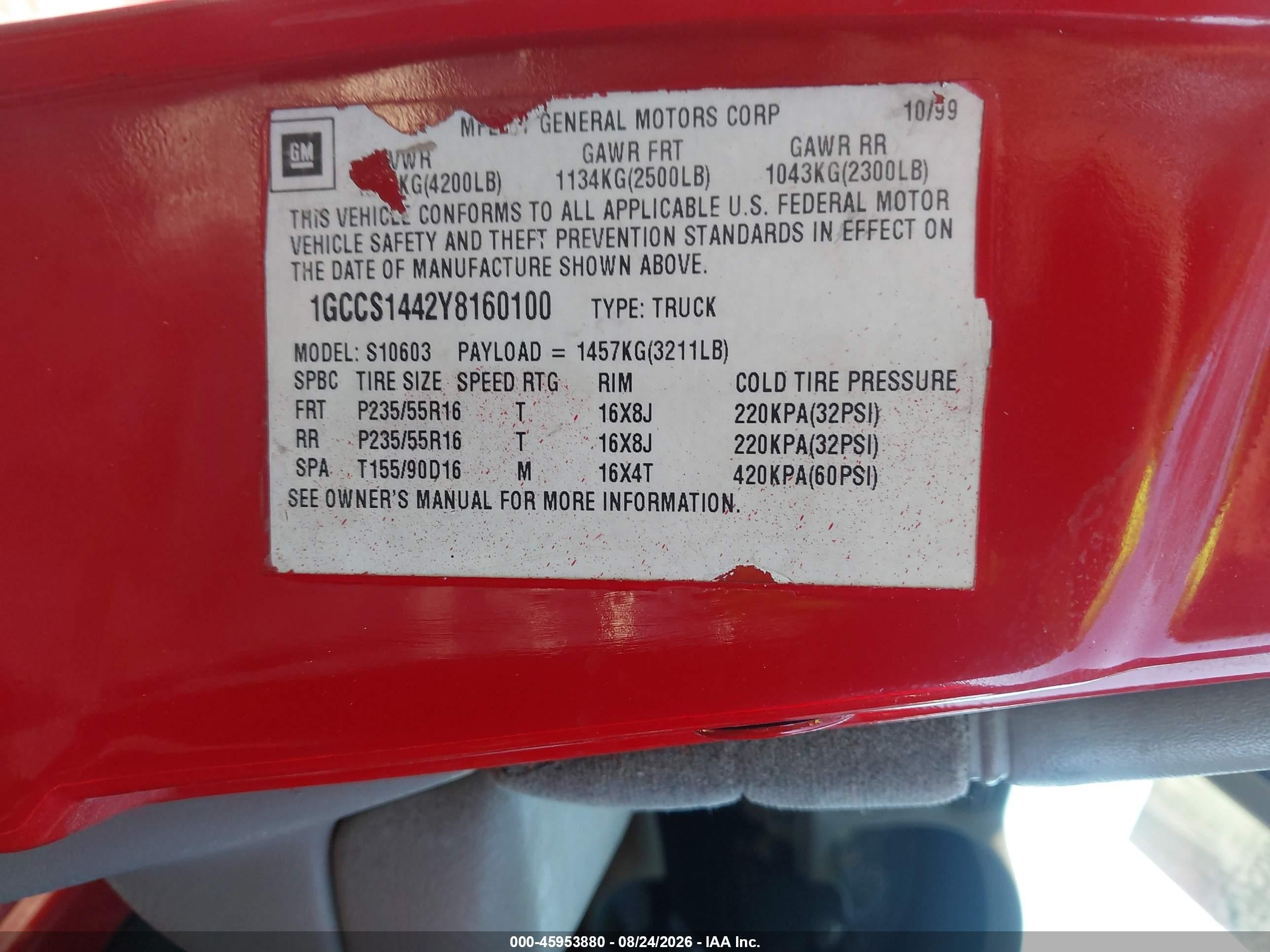2000 Chevrolet S-10 Ls Red vin: 1GCCS1442Y8160100