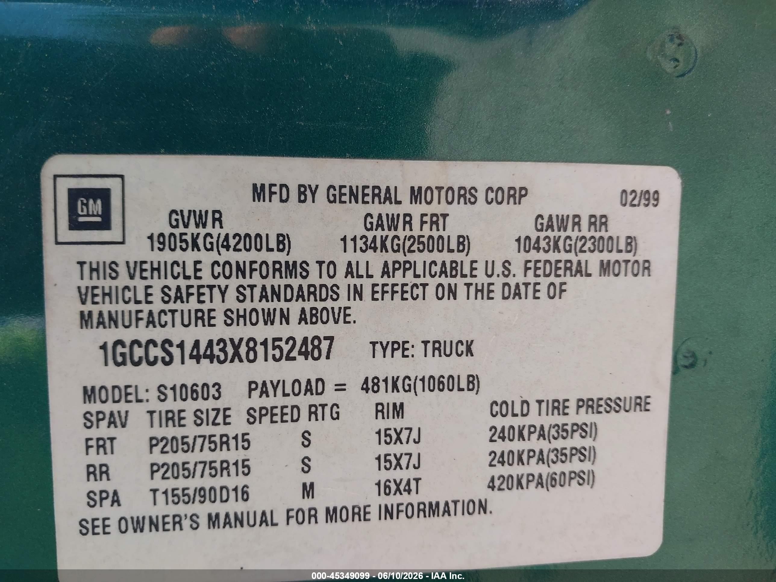 1999 Chevrolet S-10   Green vin: 1GCCS1443X8152487