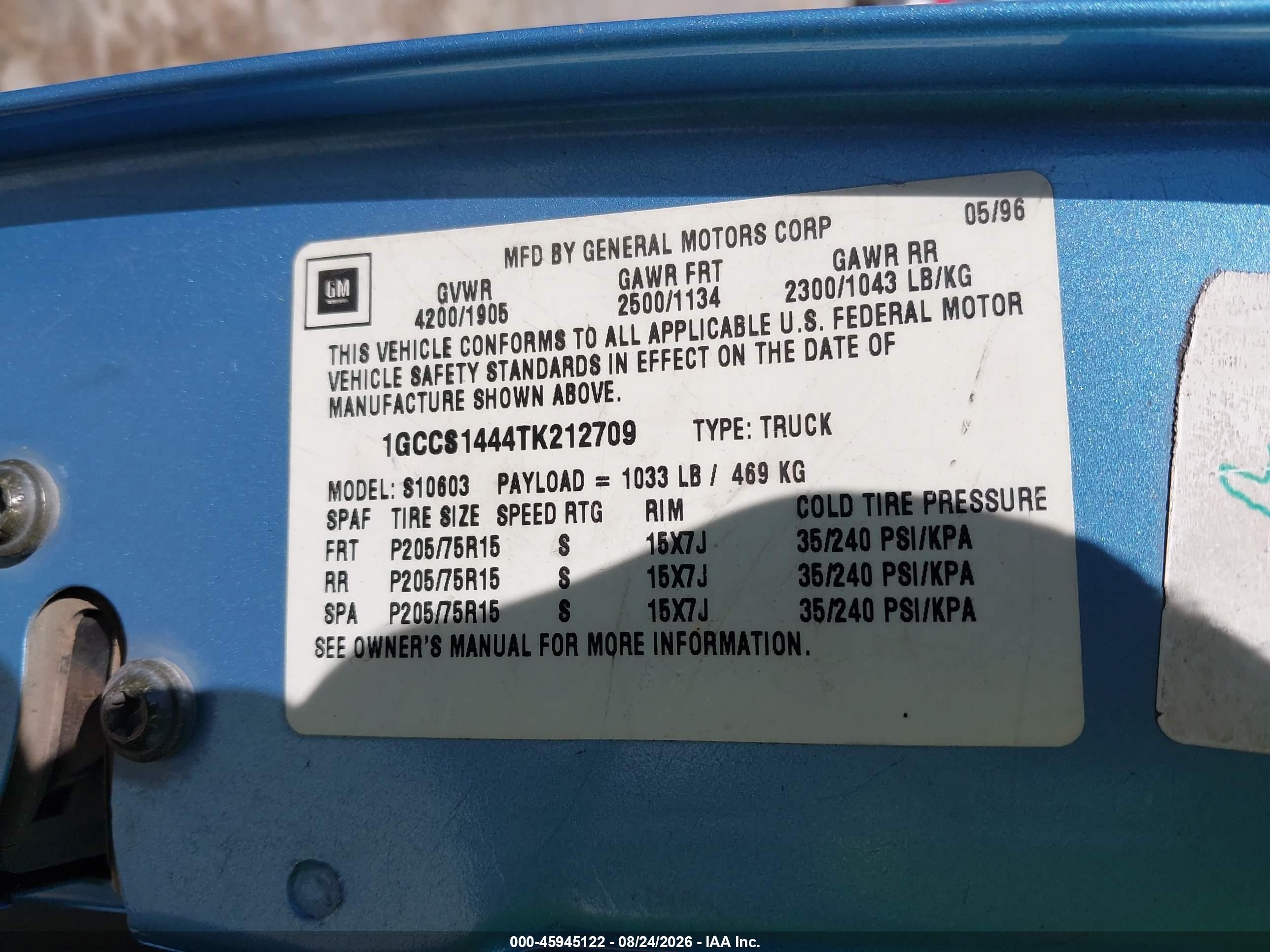 1996 Chevrolet S Truck S10 Blue vin: 1GCCS1444TK212709