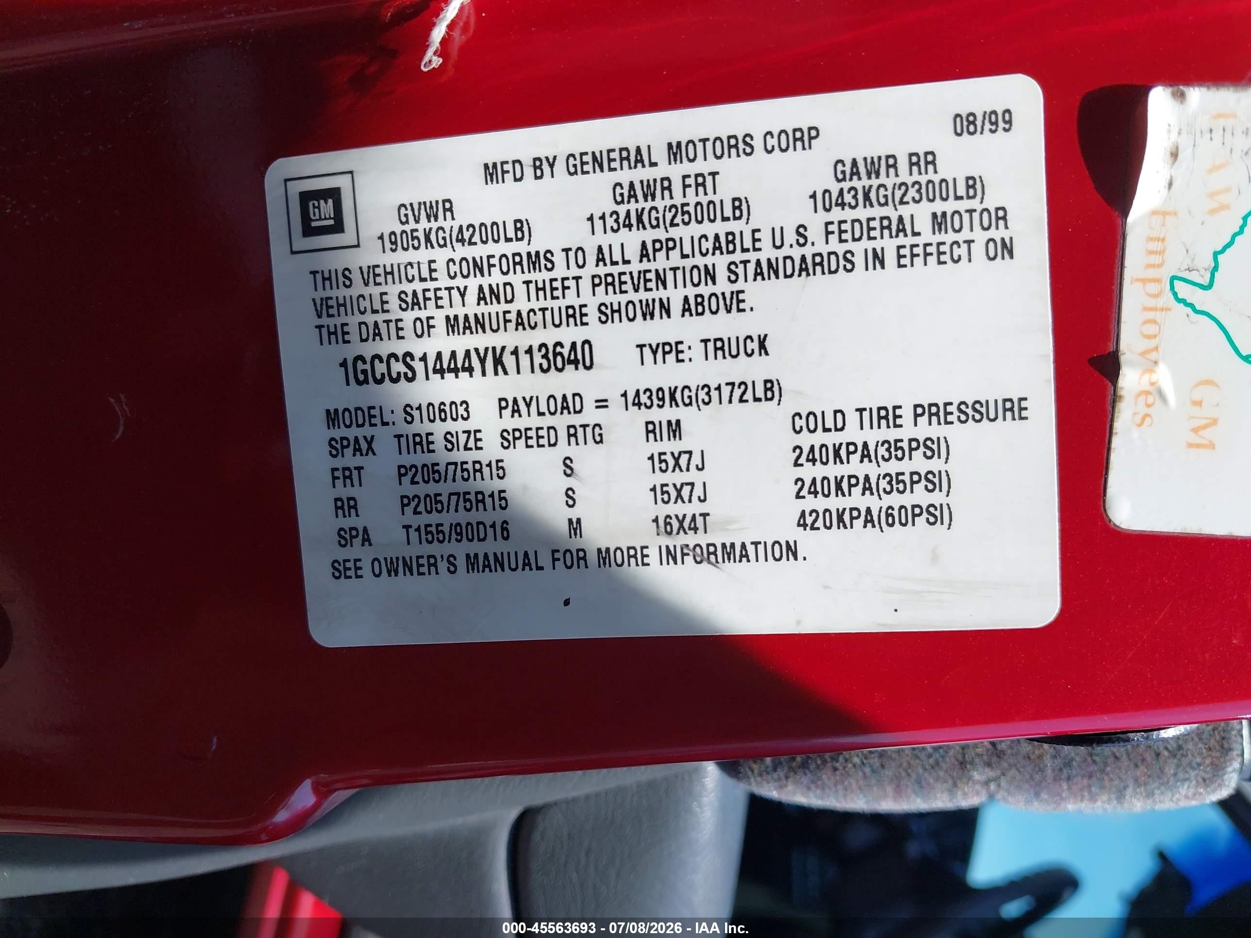2000 Chevrolet S10   Red vin: 1GCCS1444YK113640