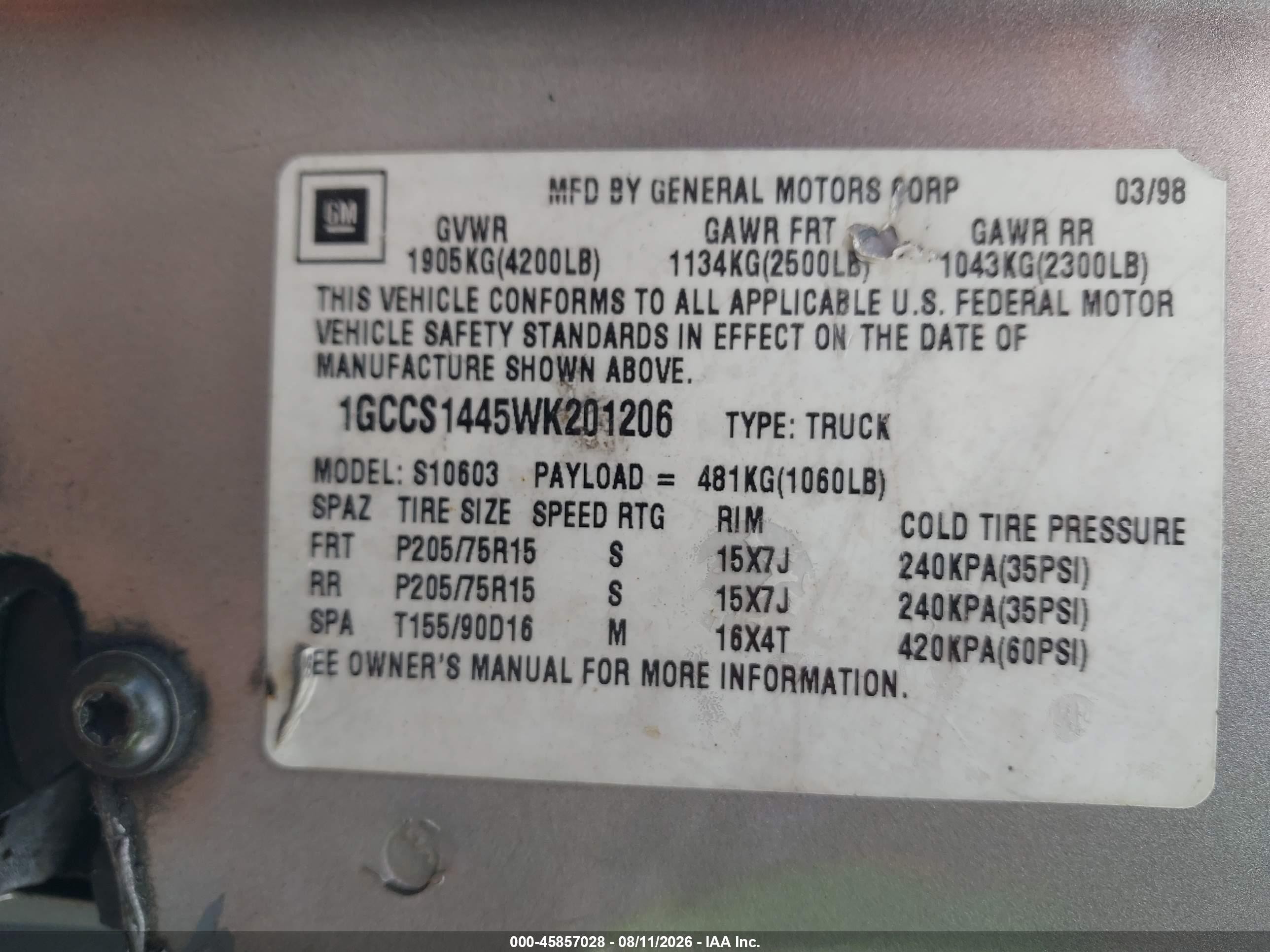 1998 Chevrolet S-10 Ls Коричневый vin: 1GCCS1445WK201206