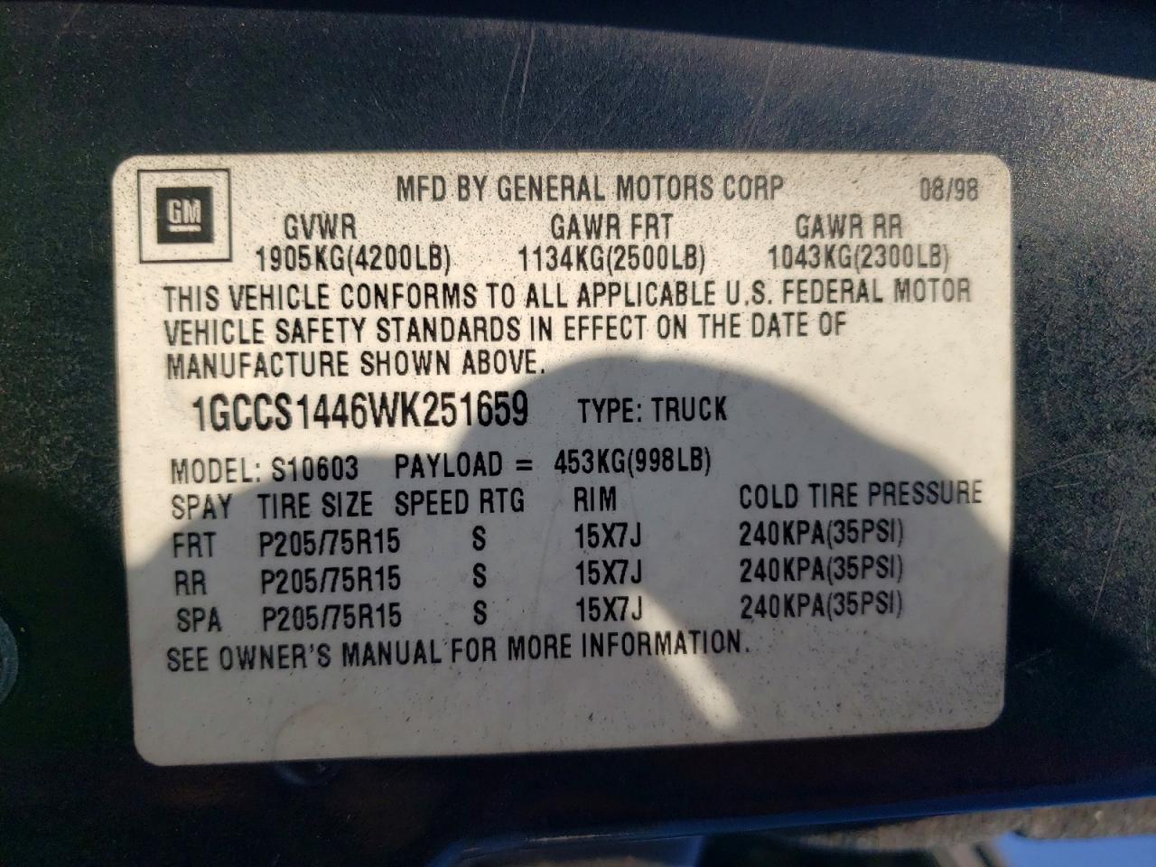 1998 Chevrolet S Truck S10 Black vin: 1GCCS1446WK251659