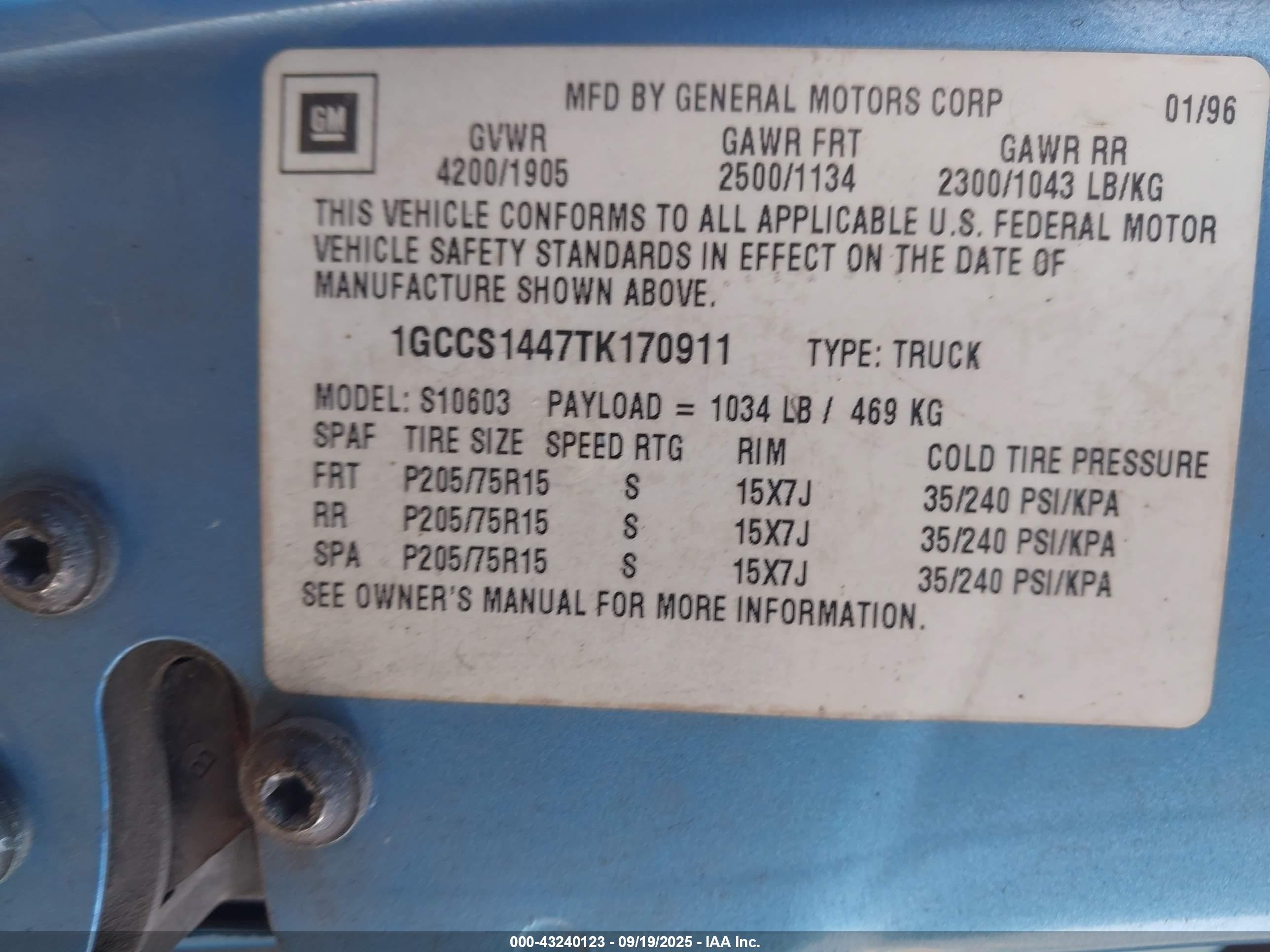 1996 Chevrolet S Truck S10 Light Blue vin: 1GCCS1447TK170911
