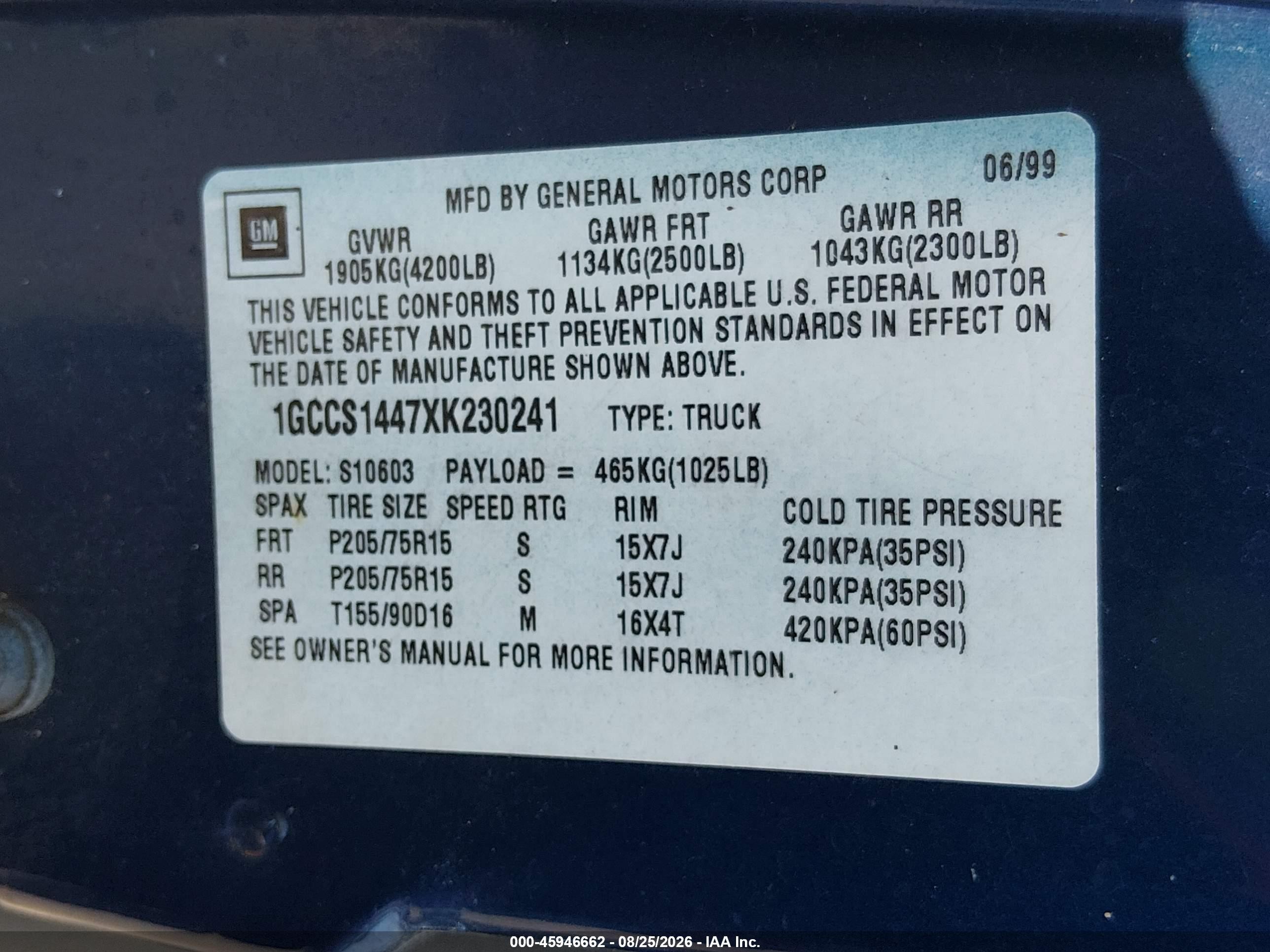 1999 Chevrolet S-10 Ls Blue vin: 1GCCS1447XK230241