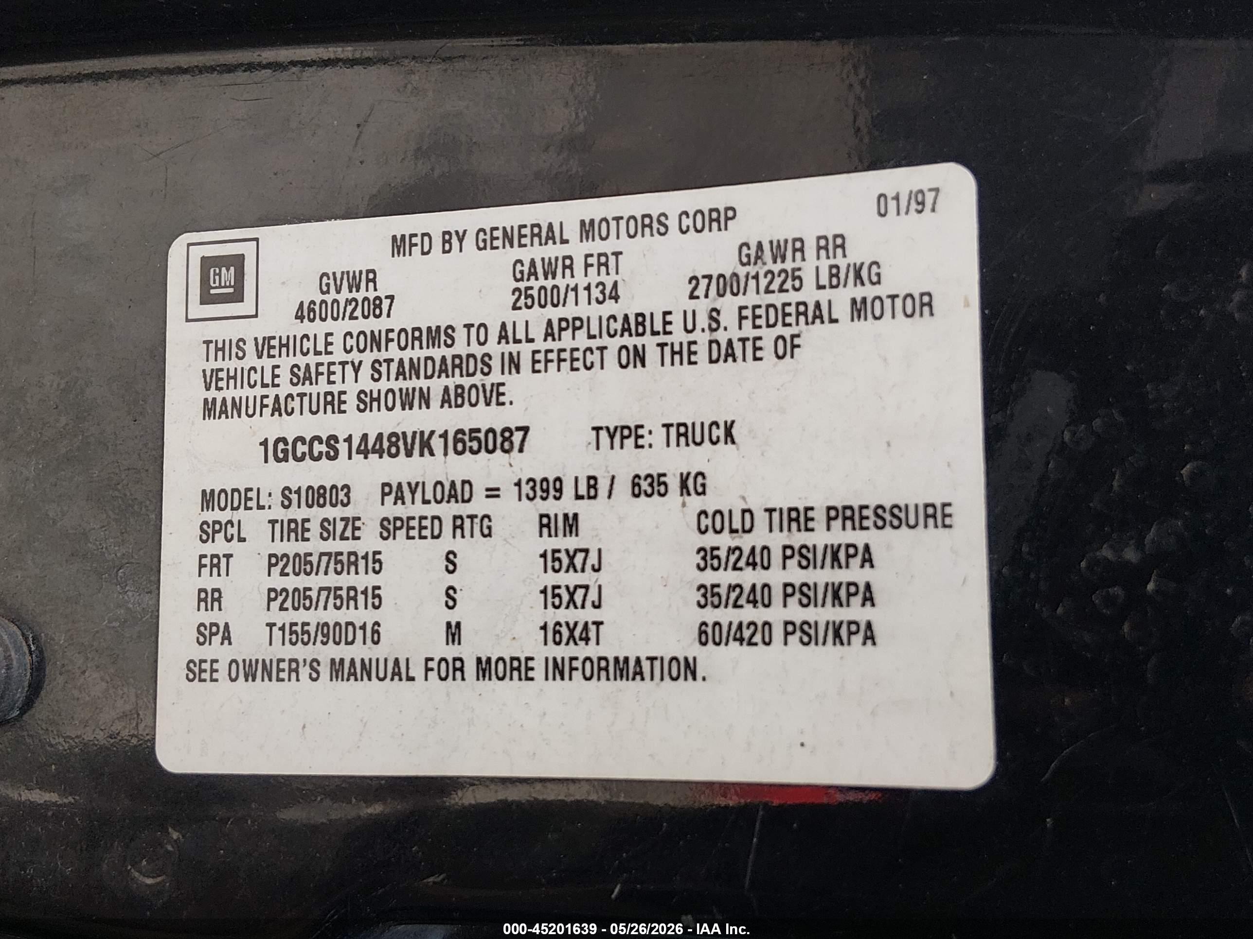 1997 Chevrolet S-10 Ls Black vin: 1GCCS1448VK165087