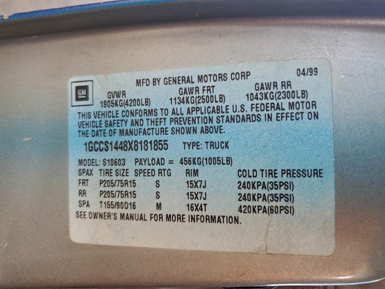 1999 Chevrolet S Truck S10 Blue vin: 1GCCS1448X8181855