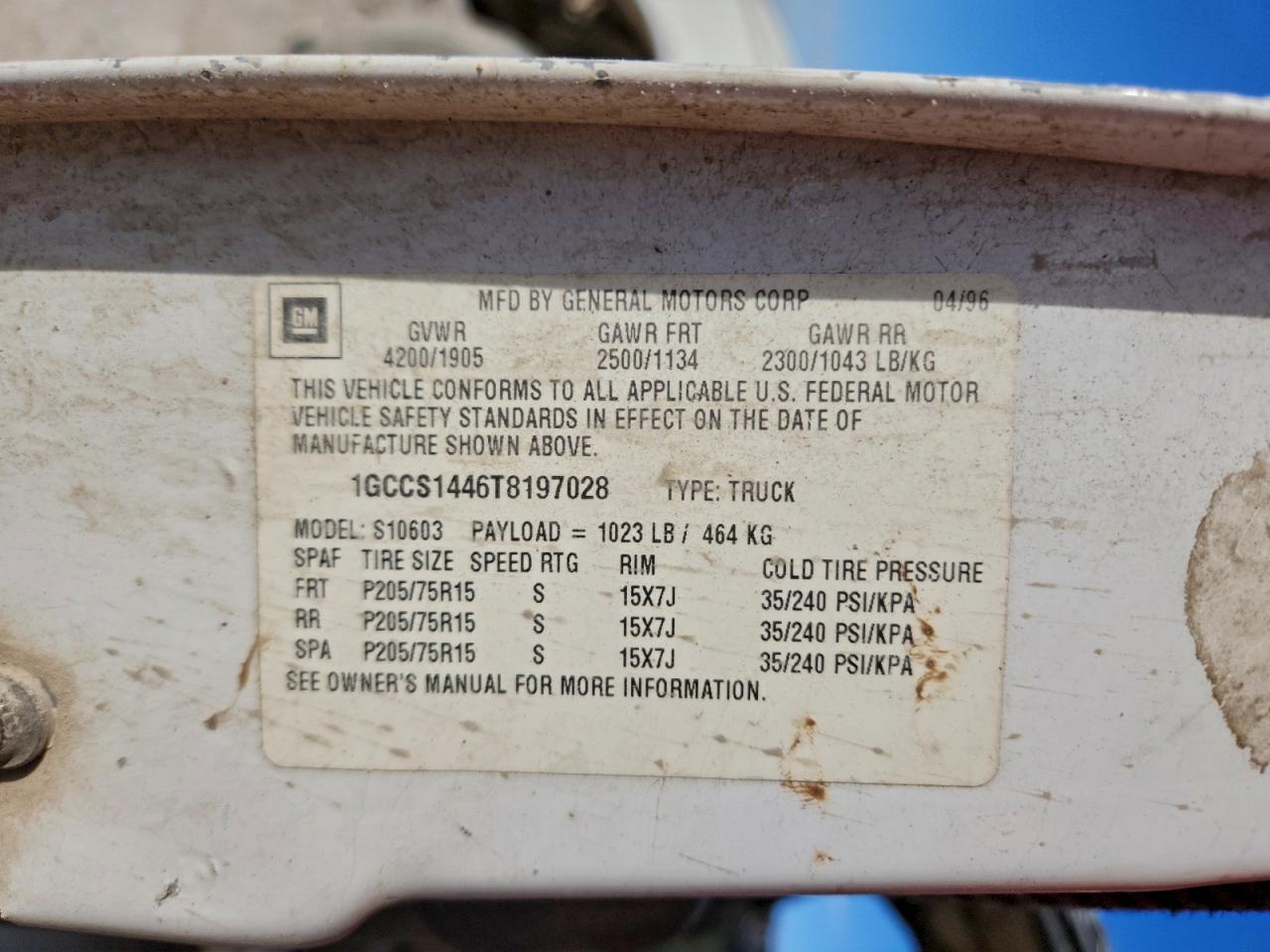 1994 Chevrolet S Truck S10 White vin: 1GCCS144XR8194920