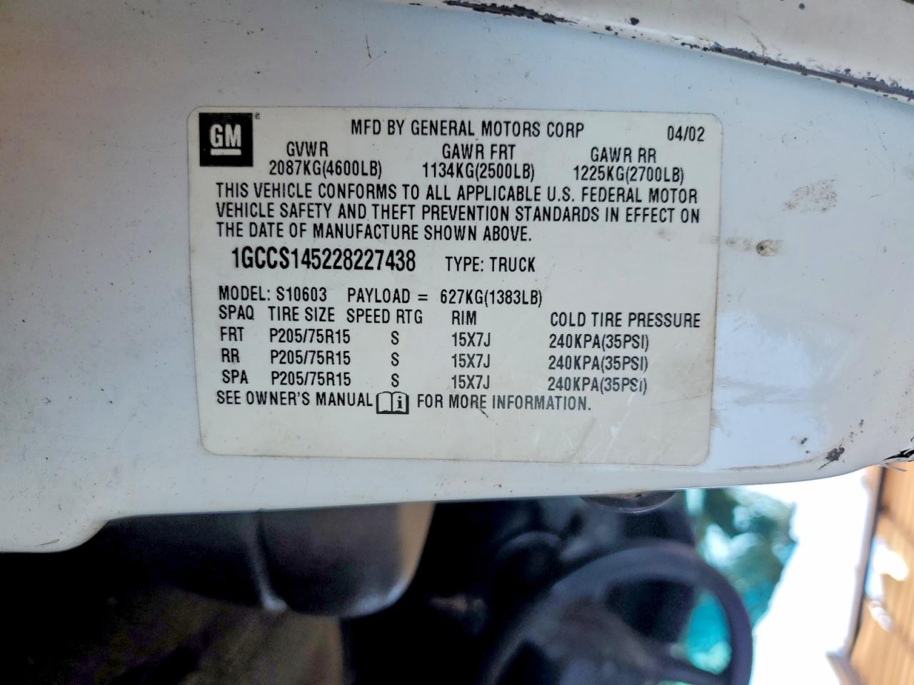 2002 Chevrolet S Truck S10 White vin: 1GCCS145228227438