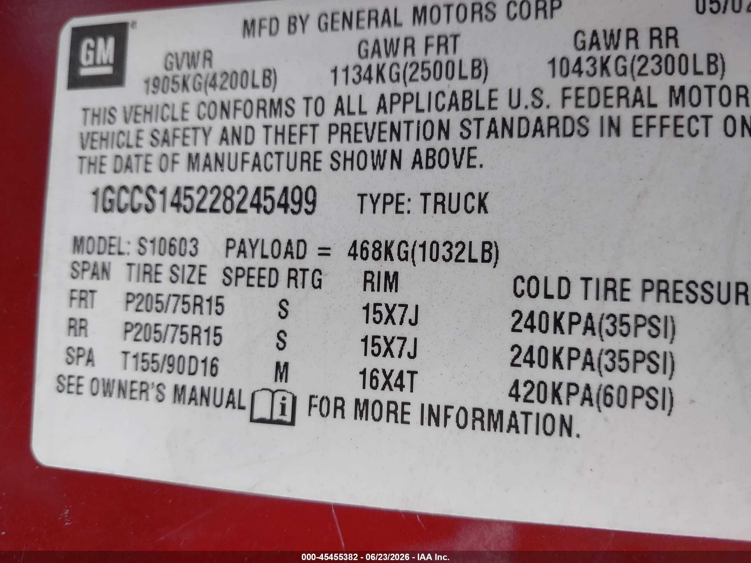 2002 Chevrolet S-10   Red vin: 1GCCS145228245499