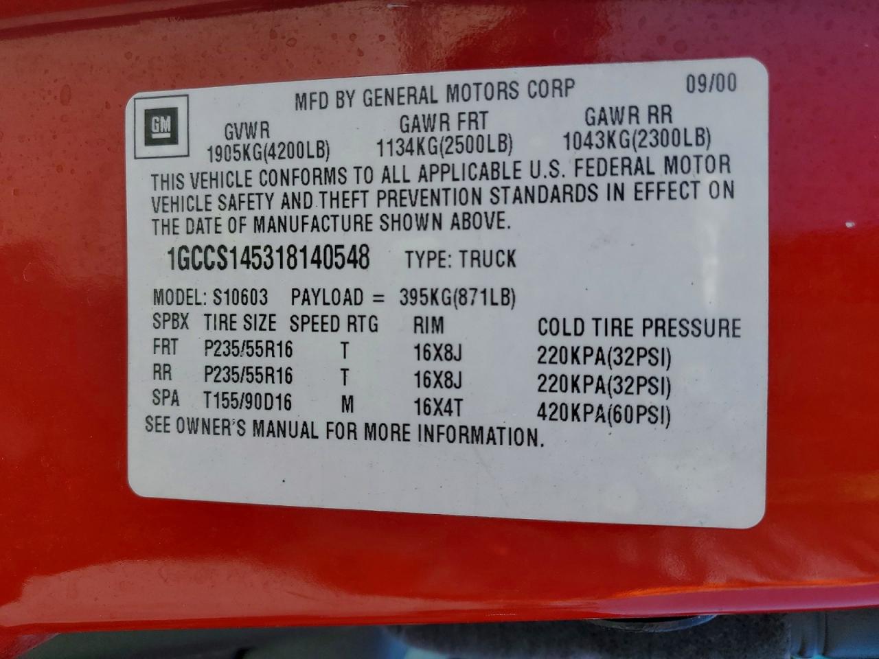 2001 Chevrolet S Truck S10 Red vin: 1GCCS145318140548