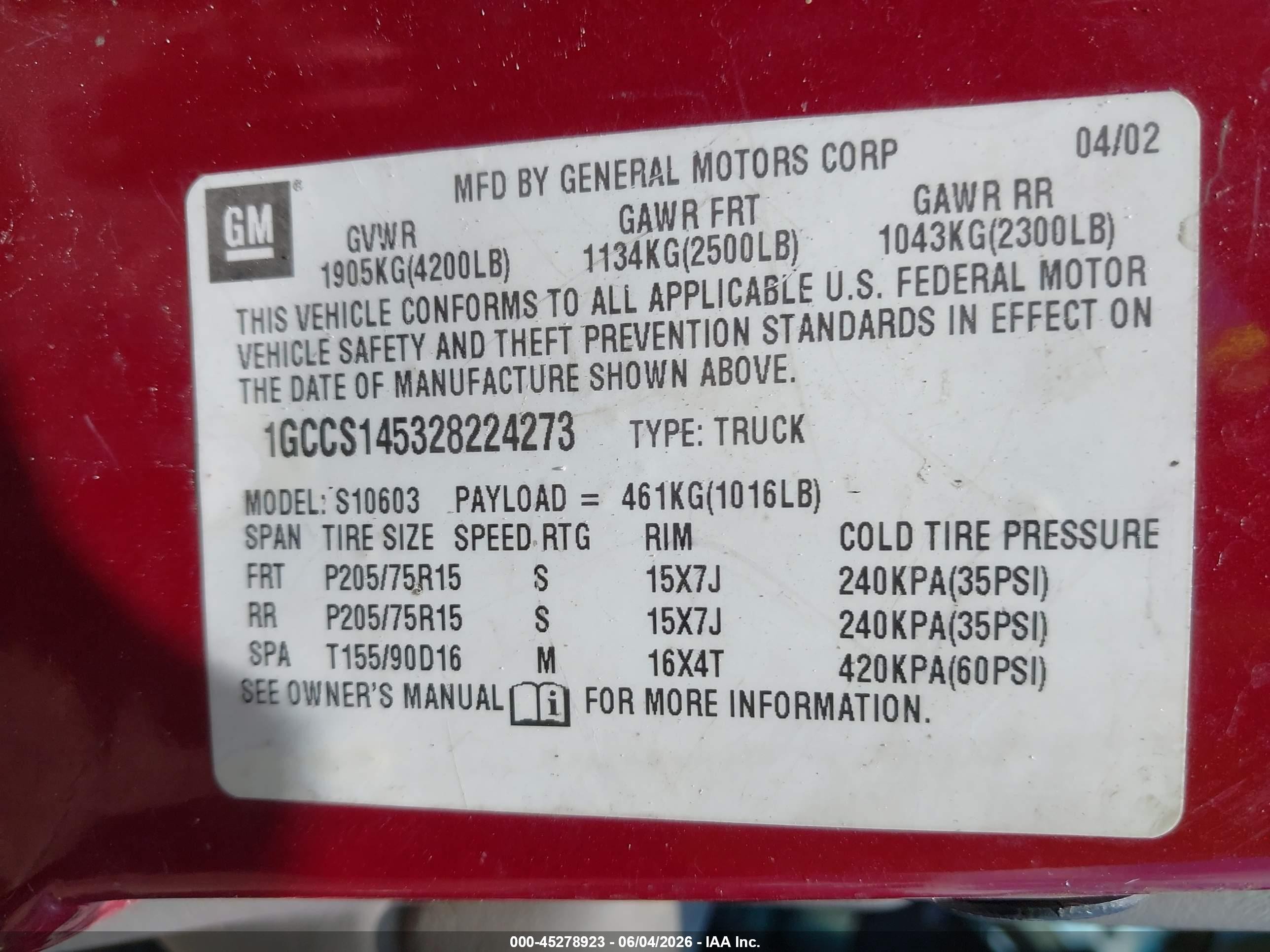 2002 Chevrolet S-10   Red vin: 1GCCS145328224273
