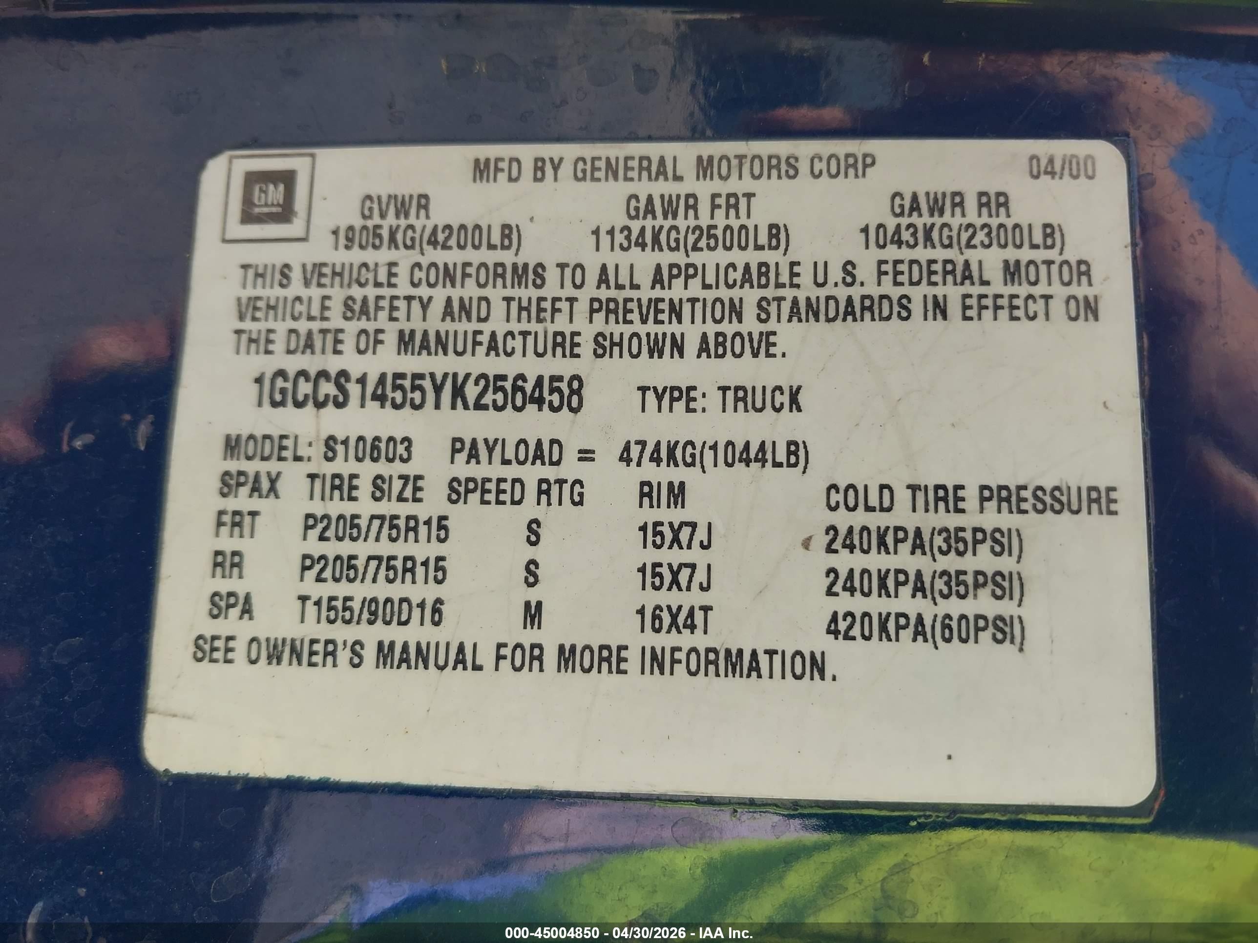 2000 Chevrolet S-10 Ls Blue vin: 1GCCS1455YK256458